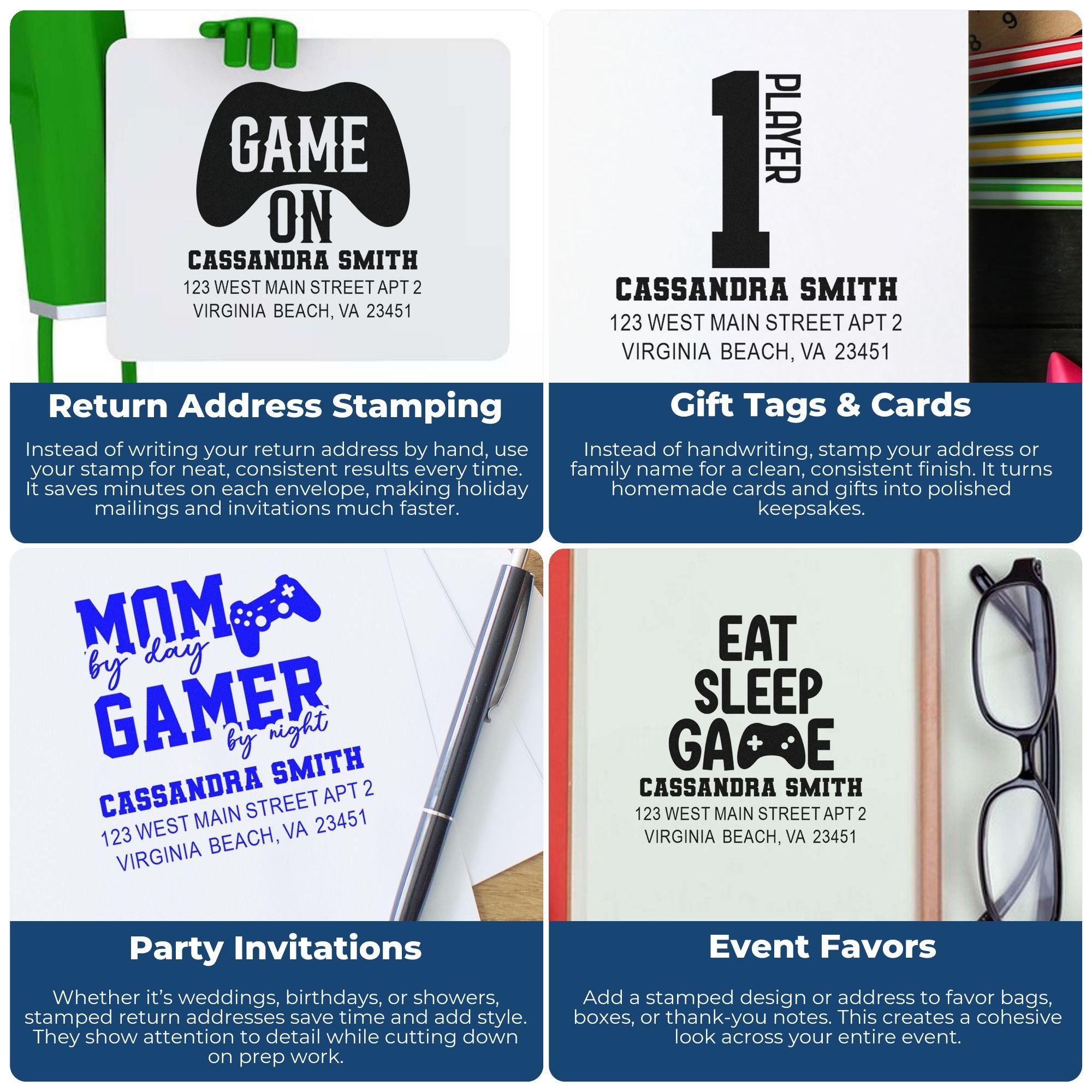 Custom rubber stamp examples for return addresses, gift tags, party invitations, and event favors with personalized name designs.