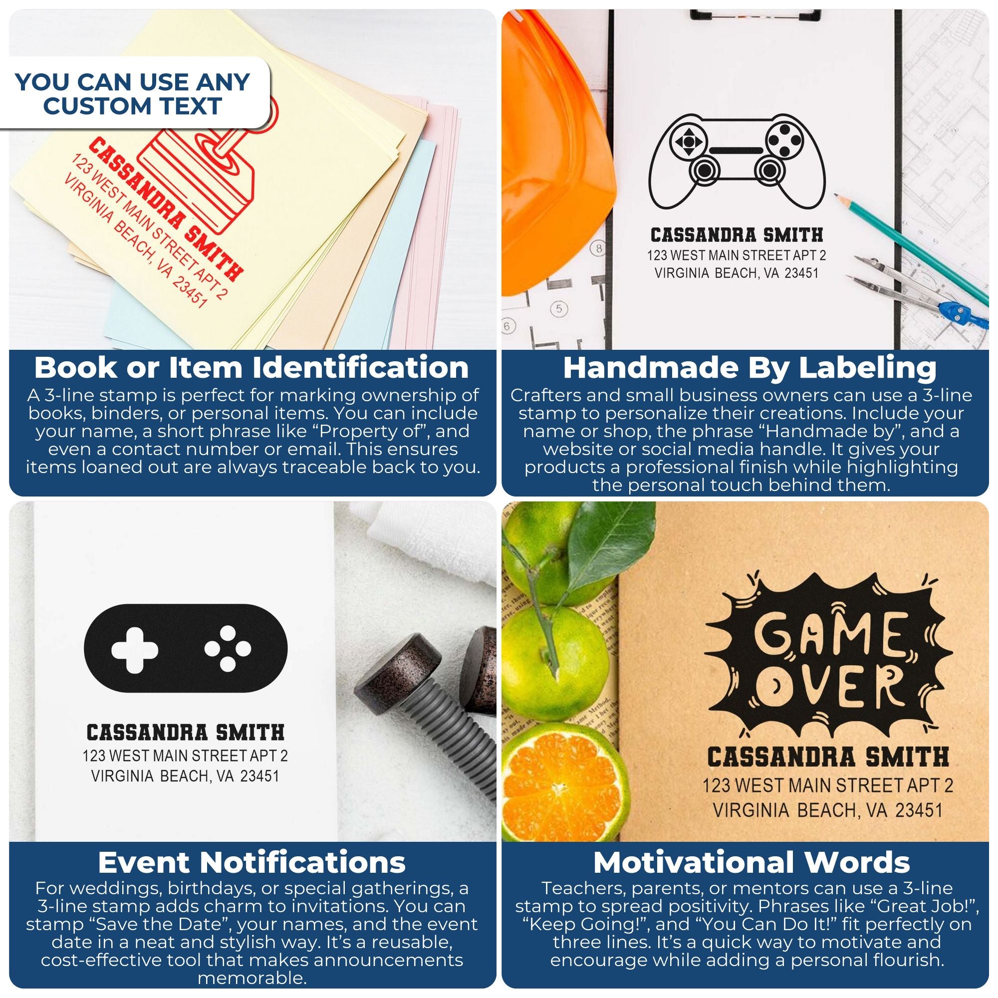 Personalized 3-line rubber stamps for book ownership, handmade labels, event notices, and custom motivational messages