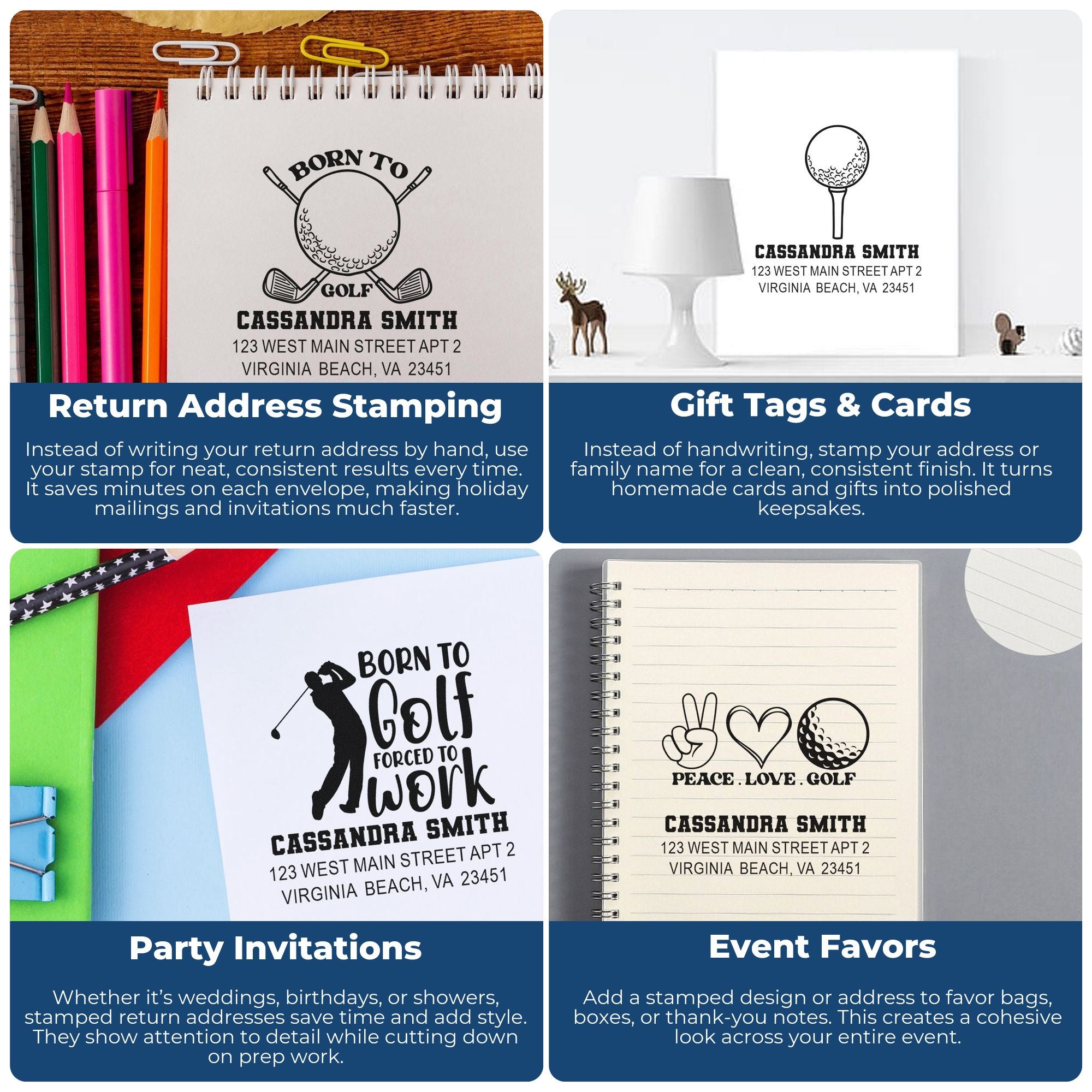 Personalized rubber stamps for golf return addresses, gift tags, party invitations, and event favors.