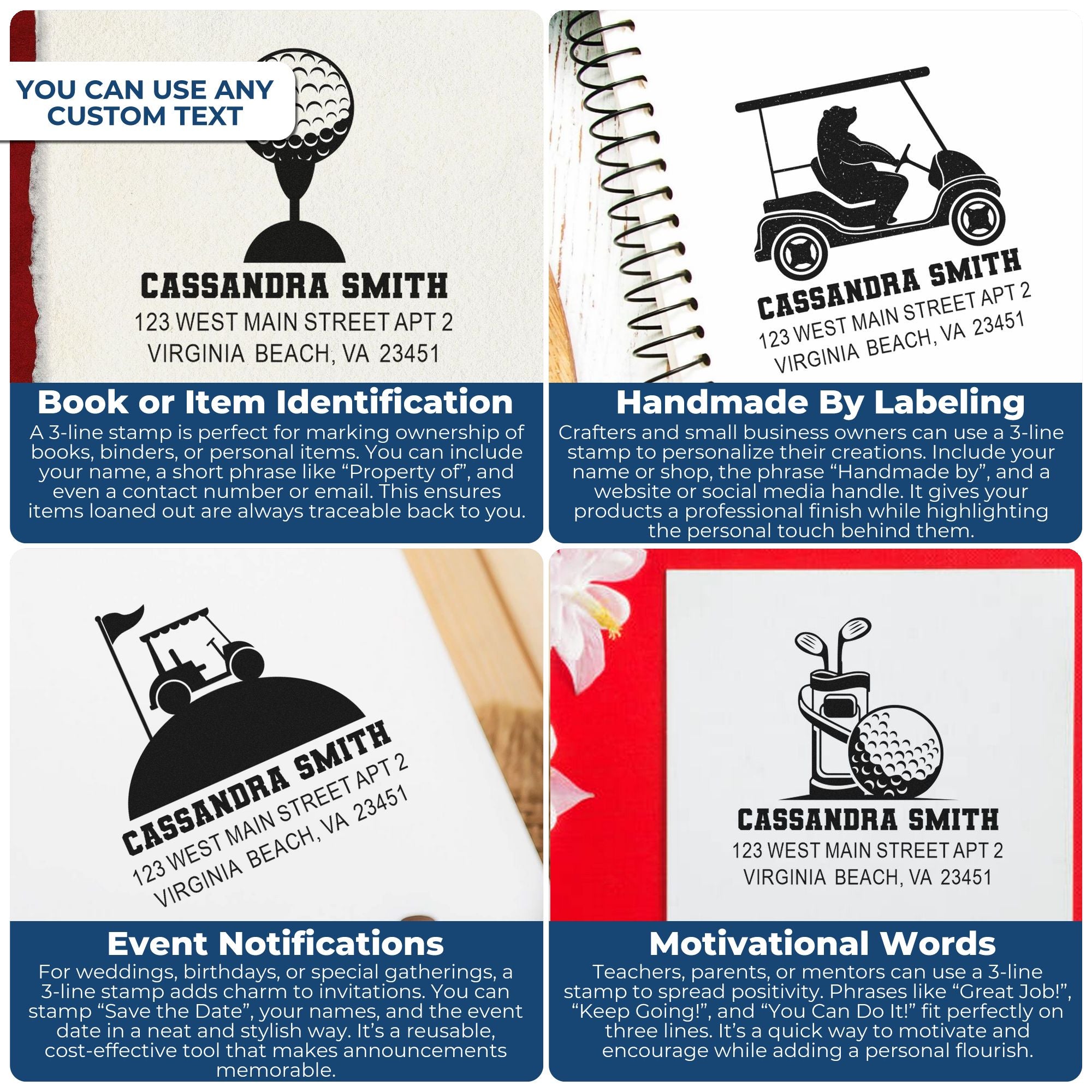 Bear Golf Cart Personalized Rubber Pre-Inked Stamp, 1-5/8" Square Tag Stamp for Golf Enthusiasts and Crafting