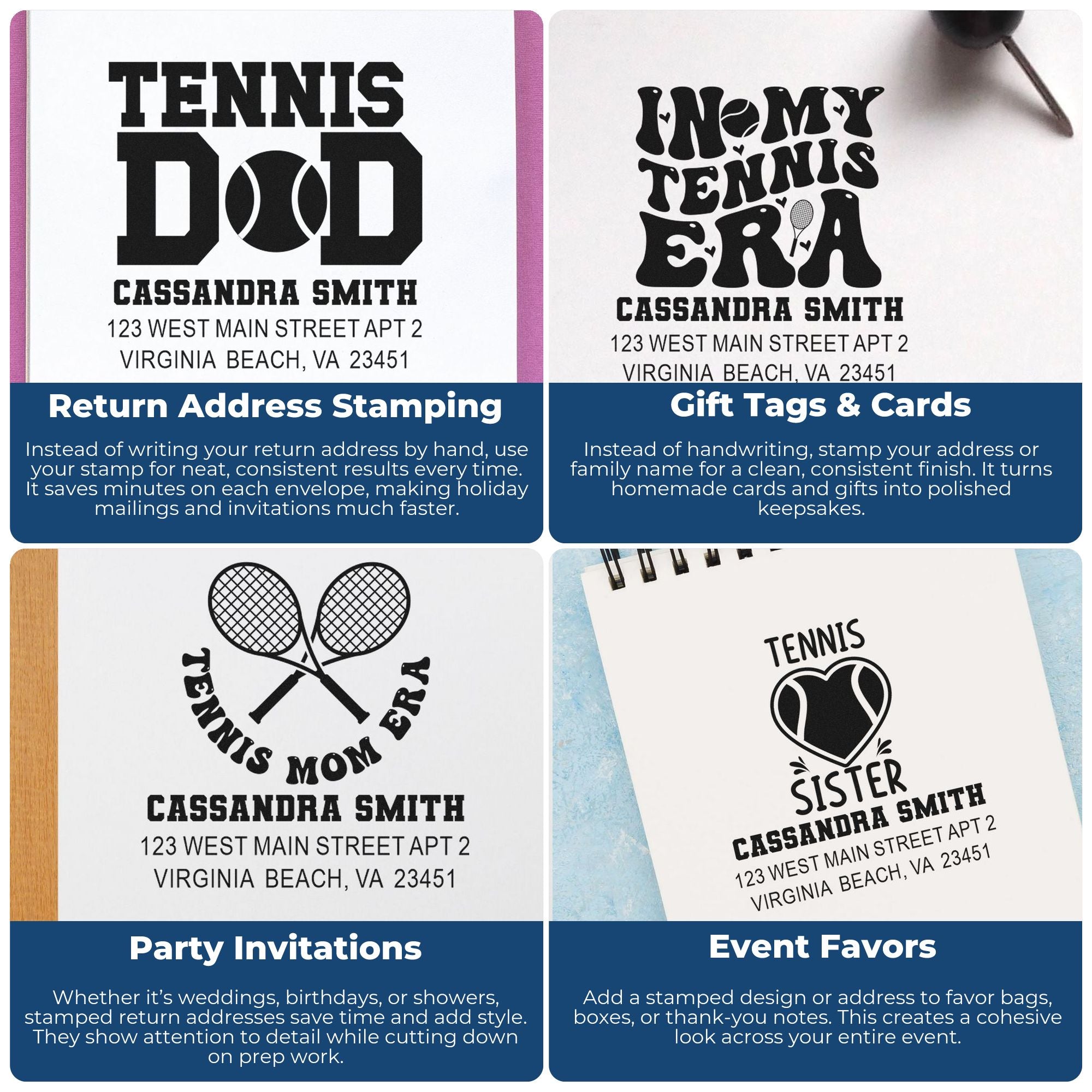 Custom tennis rubber stamps for return addresses, gift tags, party invitations and event favors, featuring personalized family name designs.