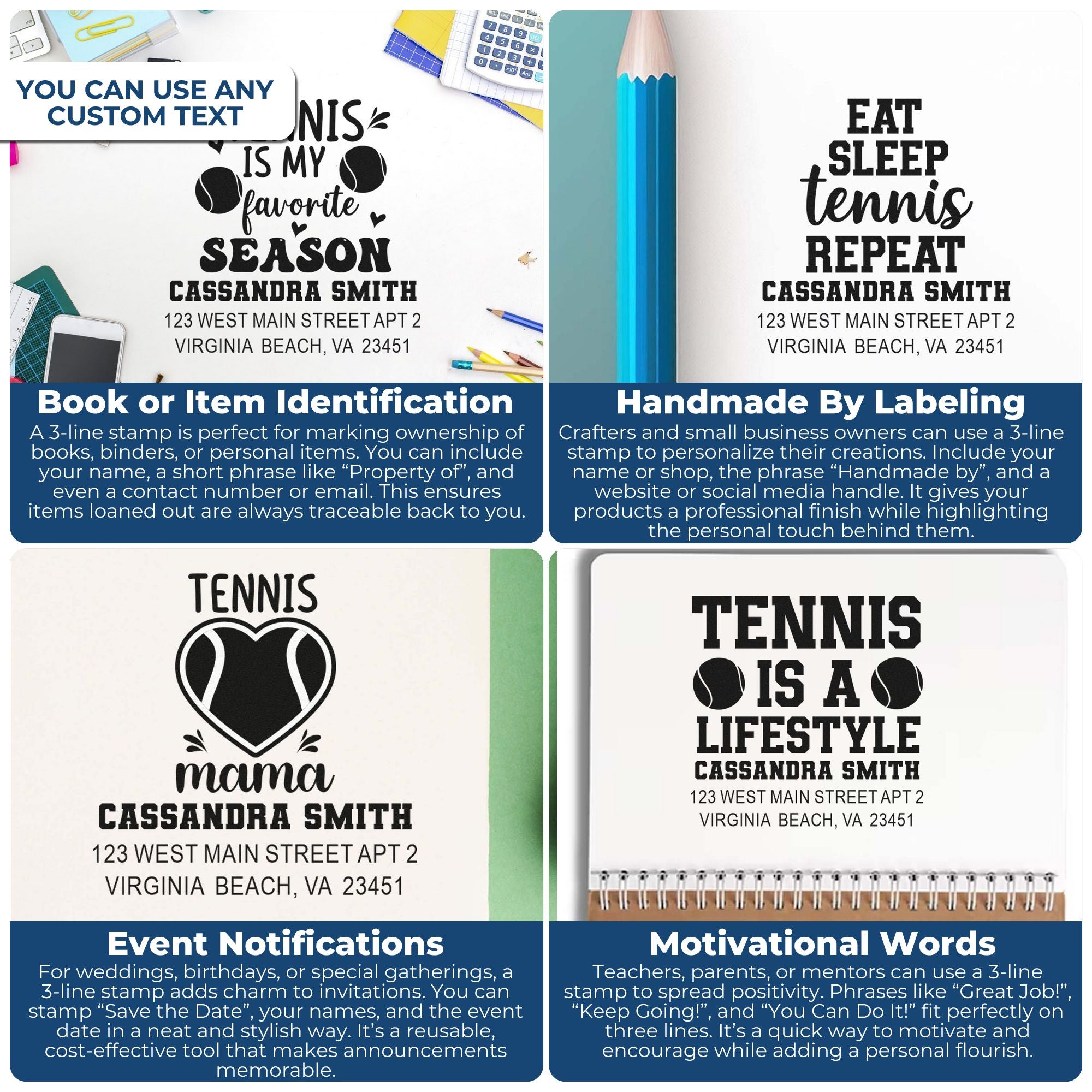 Personalized custom rubber stamp examples for tennis-themed book labels, handmade products, event announcements, and motivational quotes.