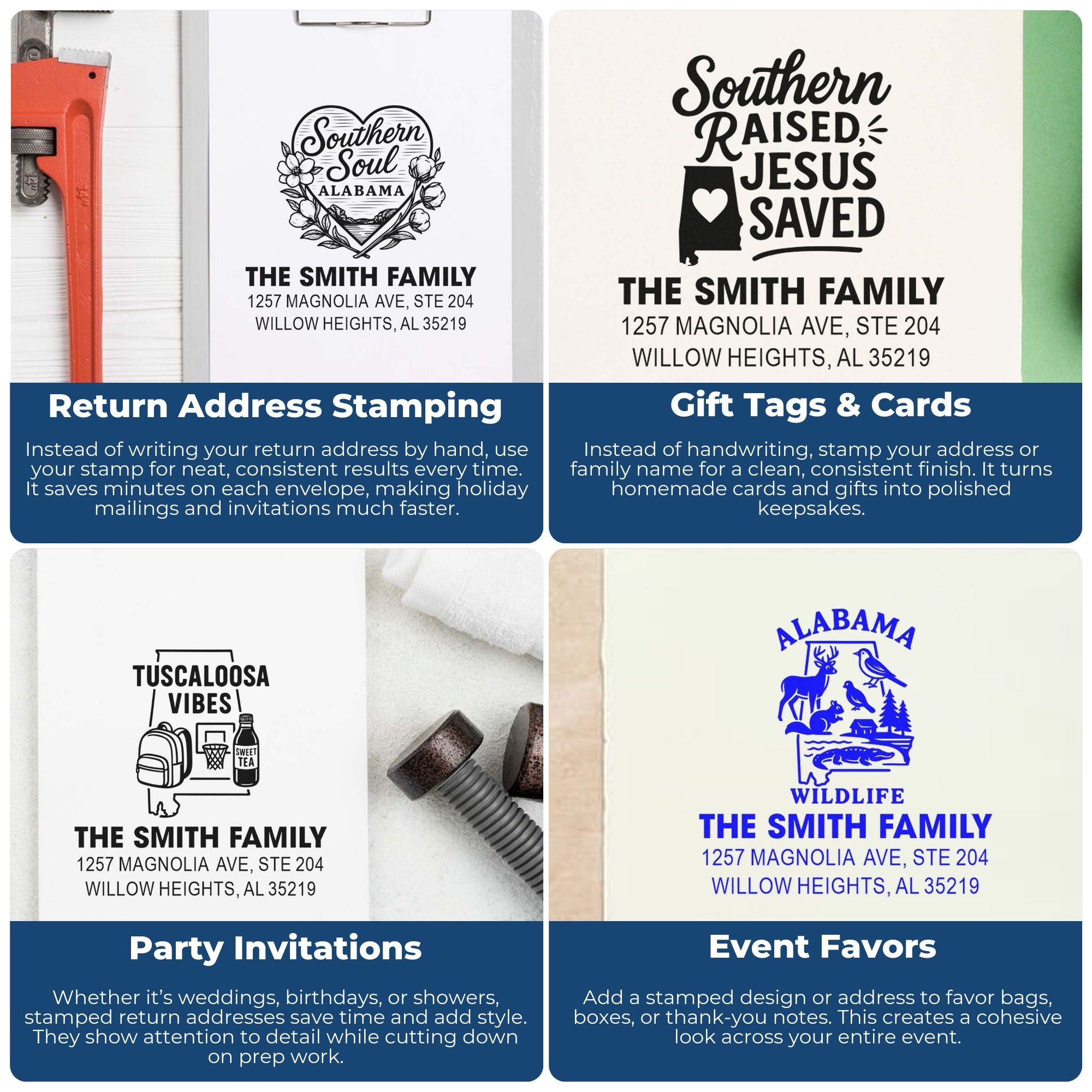 Custom rubber stamps for return addresses, gift tags, invitations and event favors with personalized Alabama family designs.