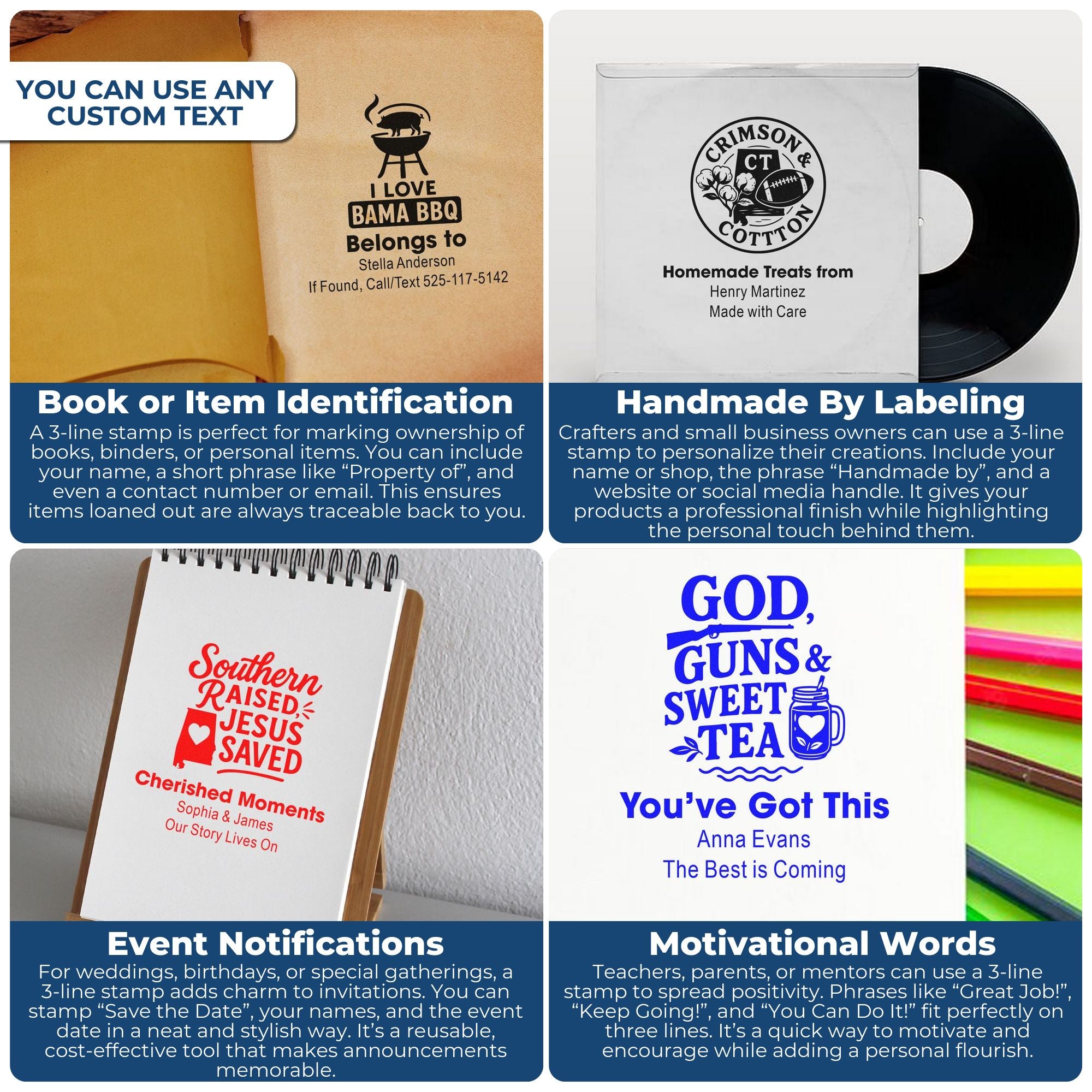 Custom 3-line rubber stamp examples for book labels, handmade product branding, event announcements, and motivational messages.