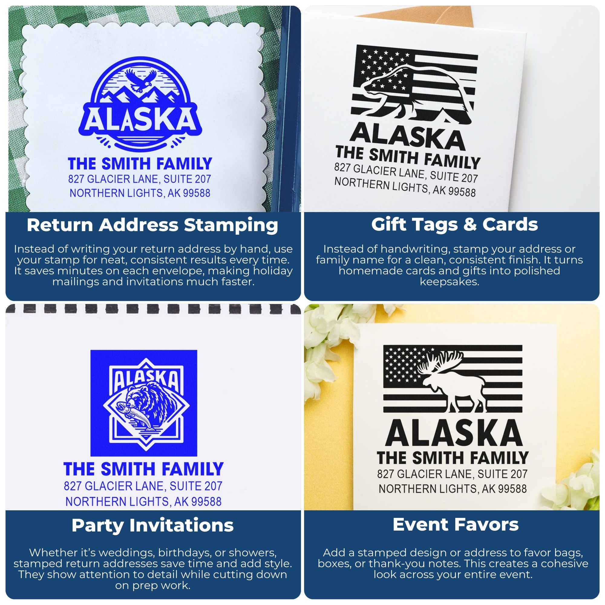 Alaska custom rubber stamps for return addresses, gift tags, invitations and event favors with family name and address designs.