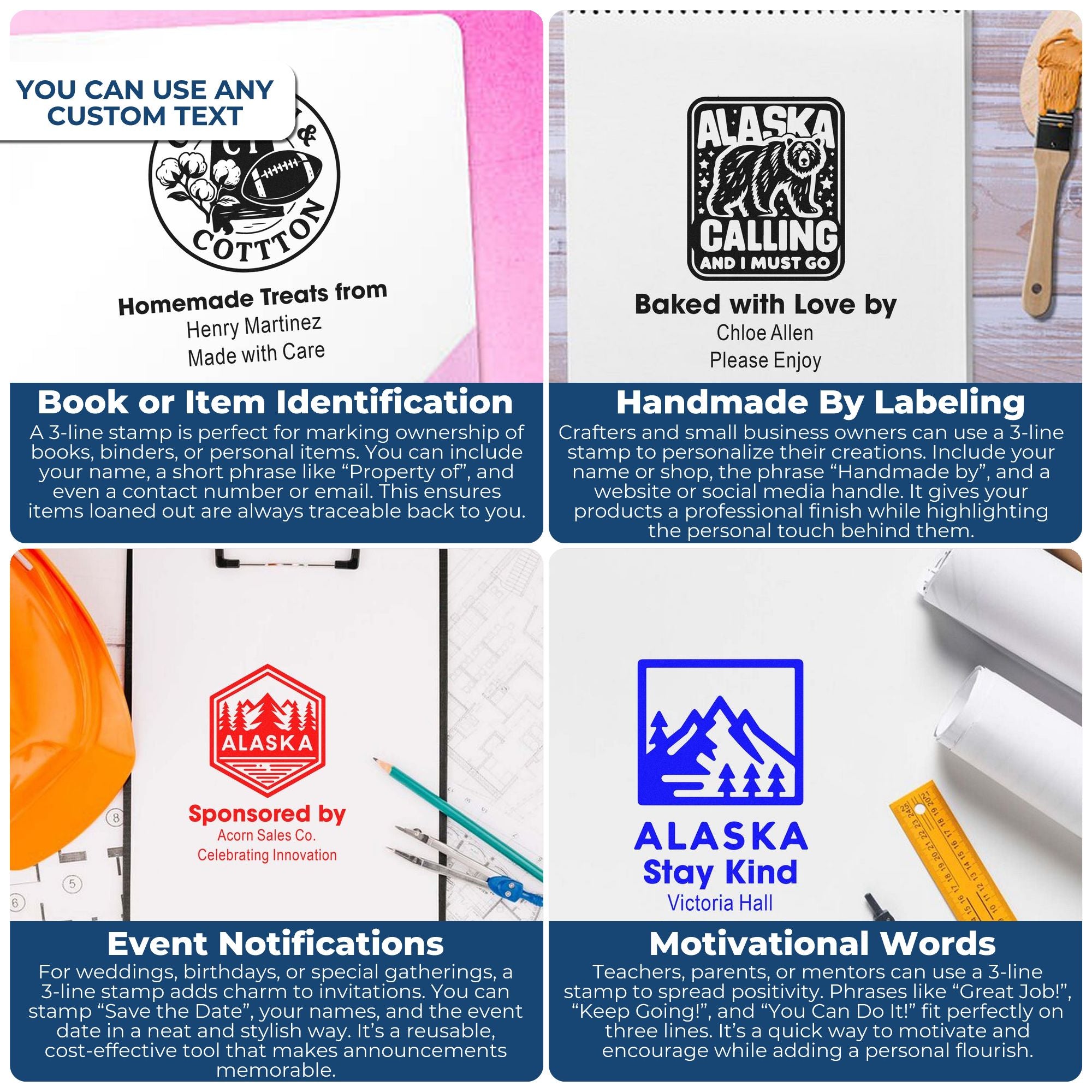 Custom 3-line rubber stamps for book identification, handmade labels, event announcements, and motivational messages.