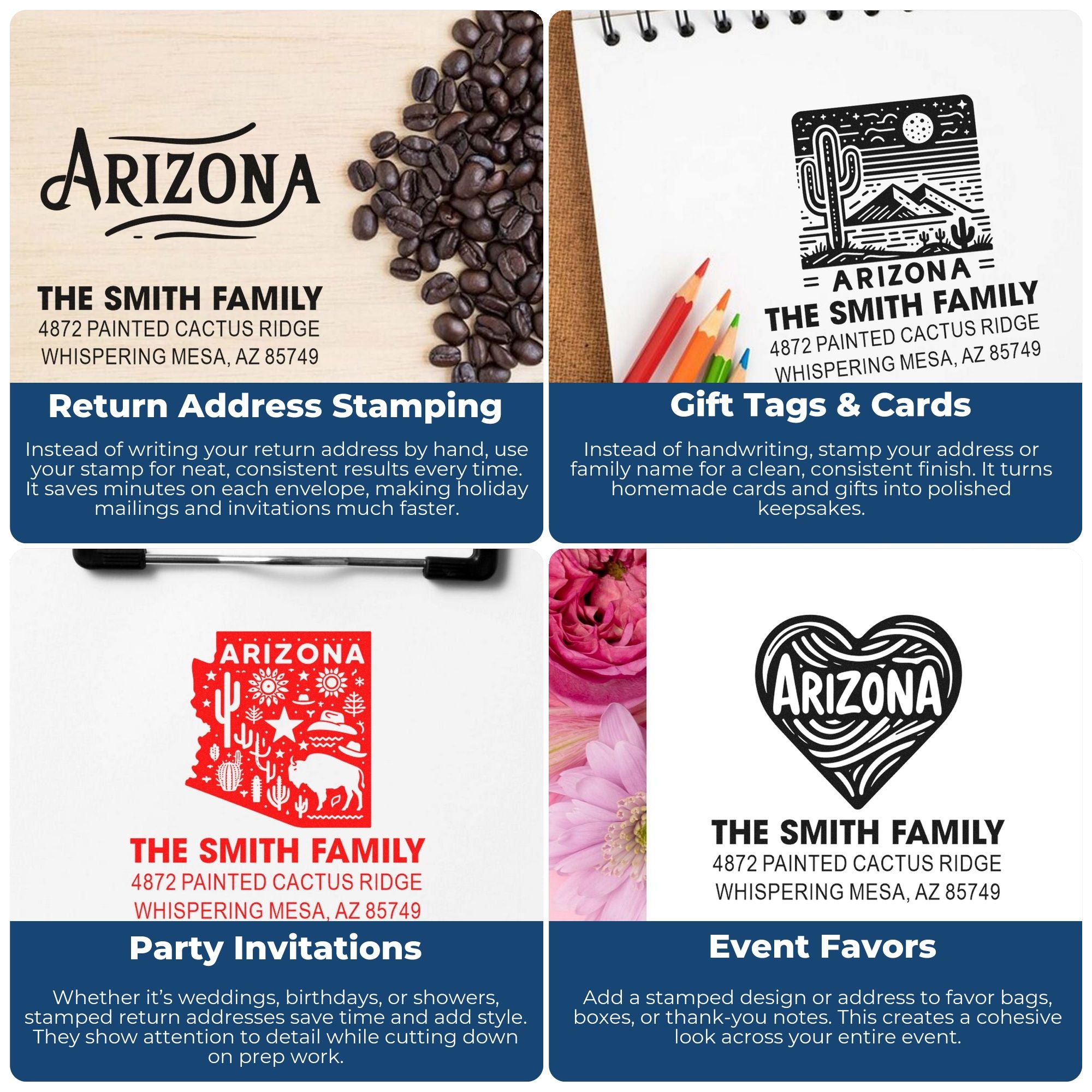 Custom rubber stamps for Arizona return addresses, gift tags, party invitations, and event favors with family name designs.