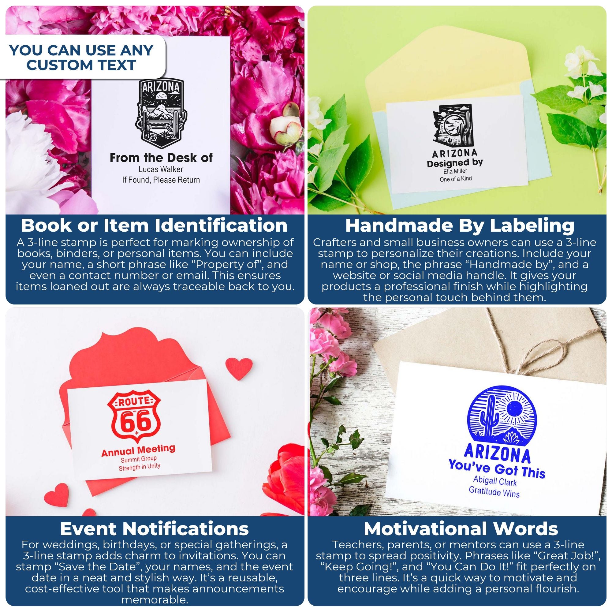 Custom 3-line rubber stamps for book labeling, handmade product branding, event announcements, and motivational messages.