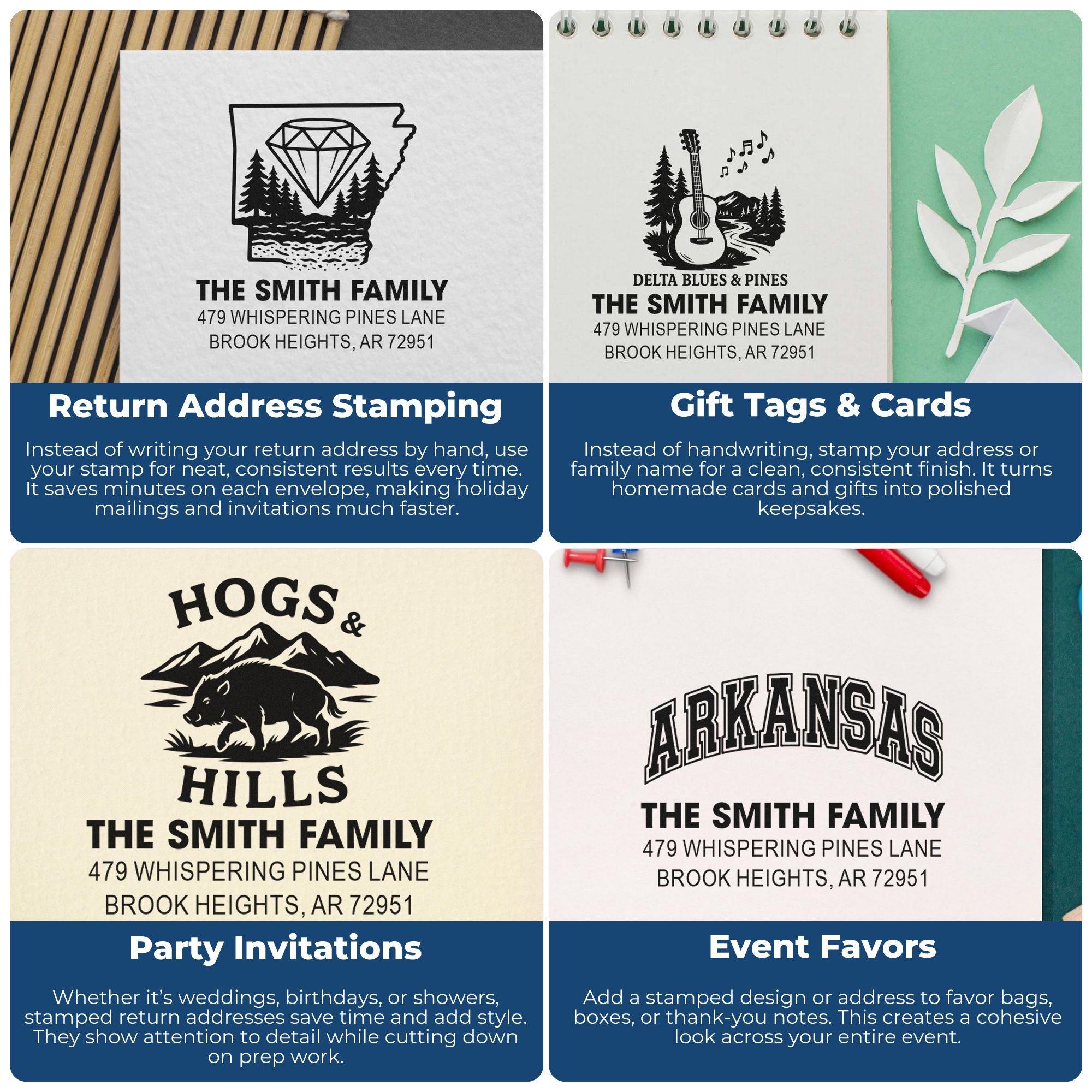 Custom rubber stamp examples for return addresses, gift tags, party invitations, and event favors with personalized family name designs.