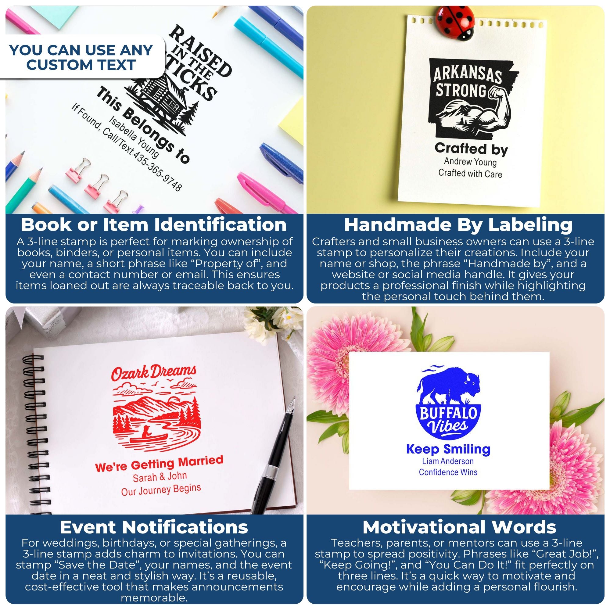 Custom 3-line rubber stamps for book ownership, handmade product branding, event announcements, and motivational messages