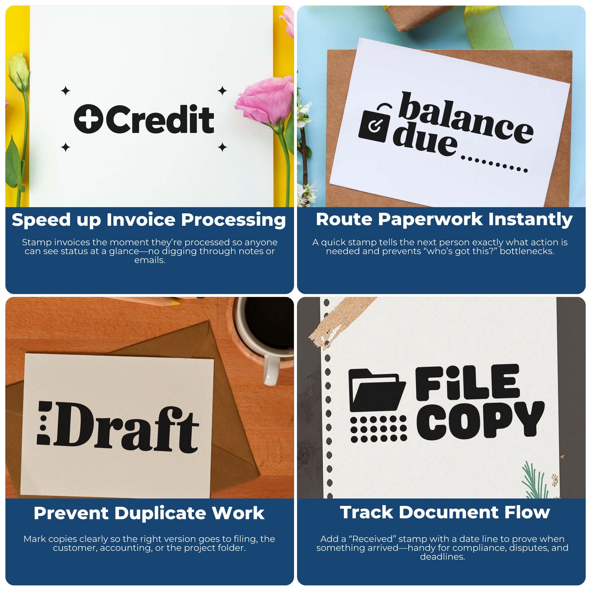 Custom rubber stamp examples for invoice processing, balance due, draft, and file copy document control in office workflows.