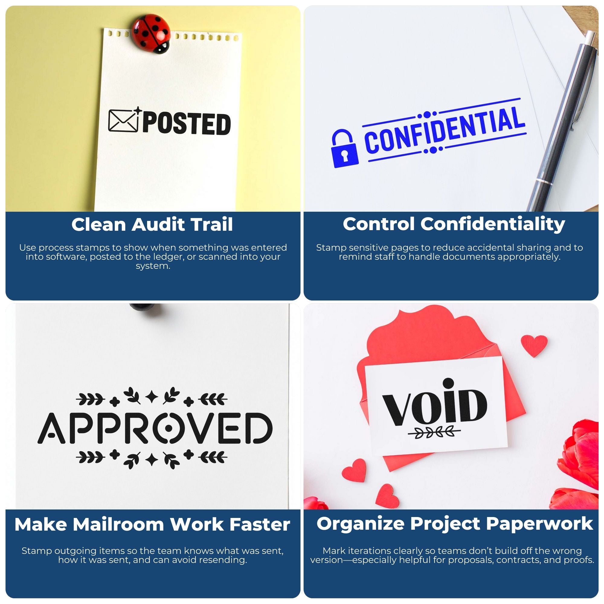 Rubber stamps for posted, confidential, approved, and void document control in office workflow.