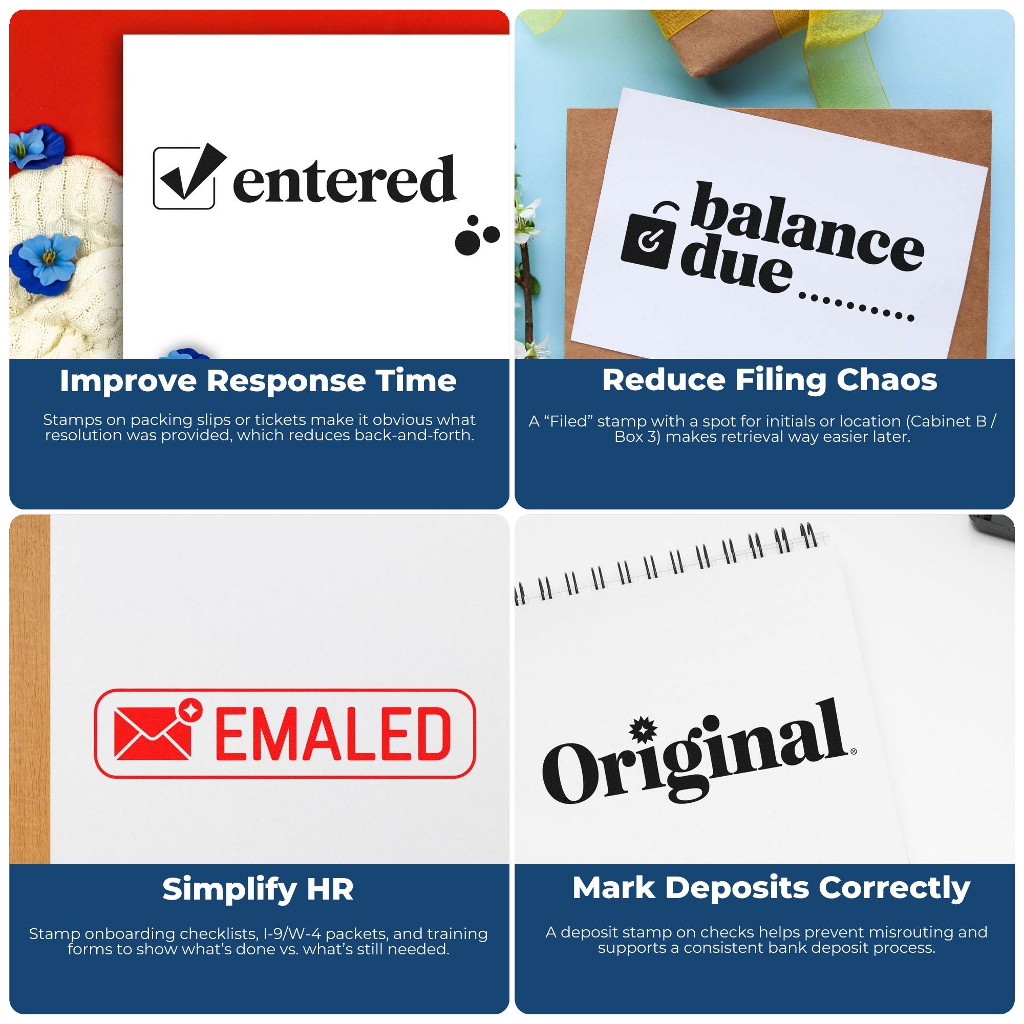 Custom rubber stamp examples for office workflows: entered, balance due, emailed, and original stamps for tracking documents and deposits.