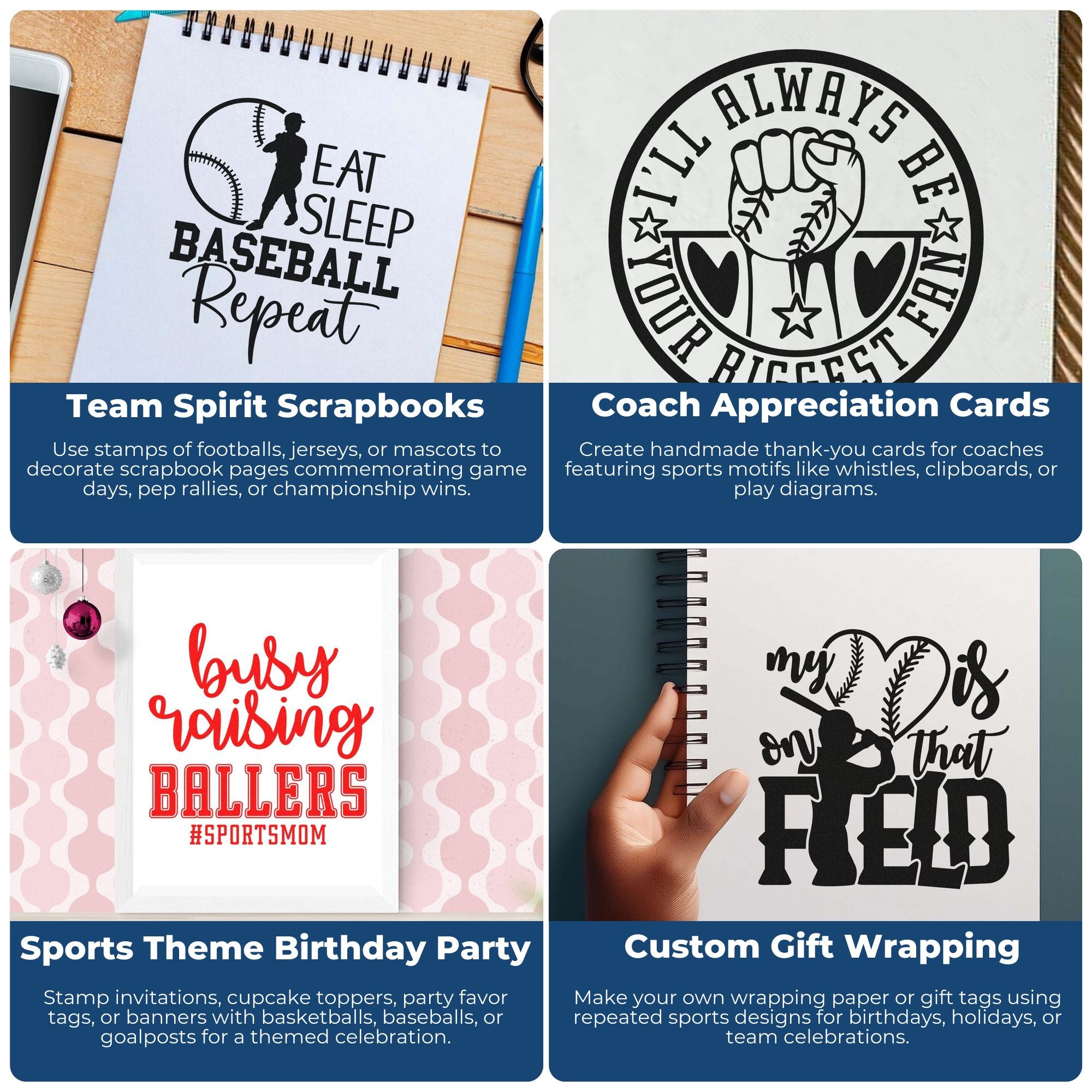 Sports rubber stamp ideas for scrapbook pages, coach thank-you cards, birthday party decor, and custom gift wrap.