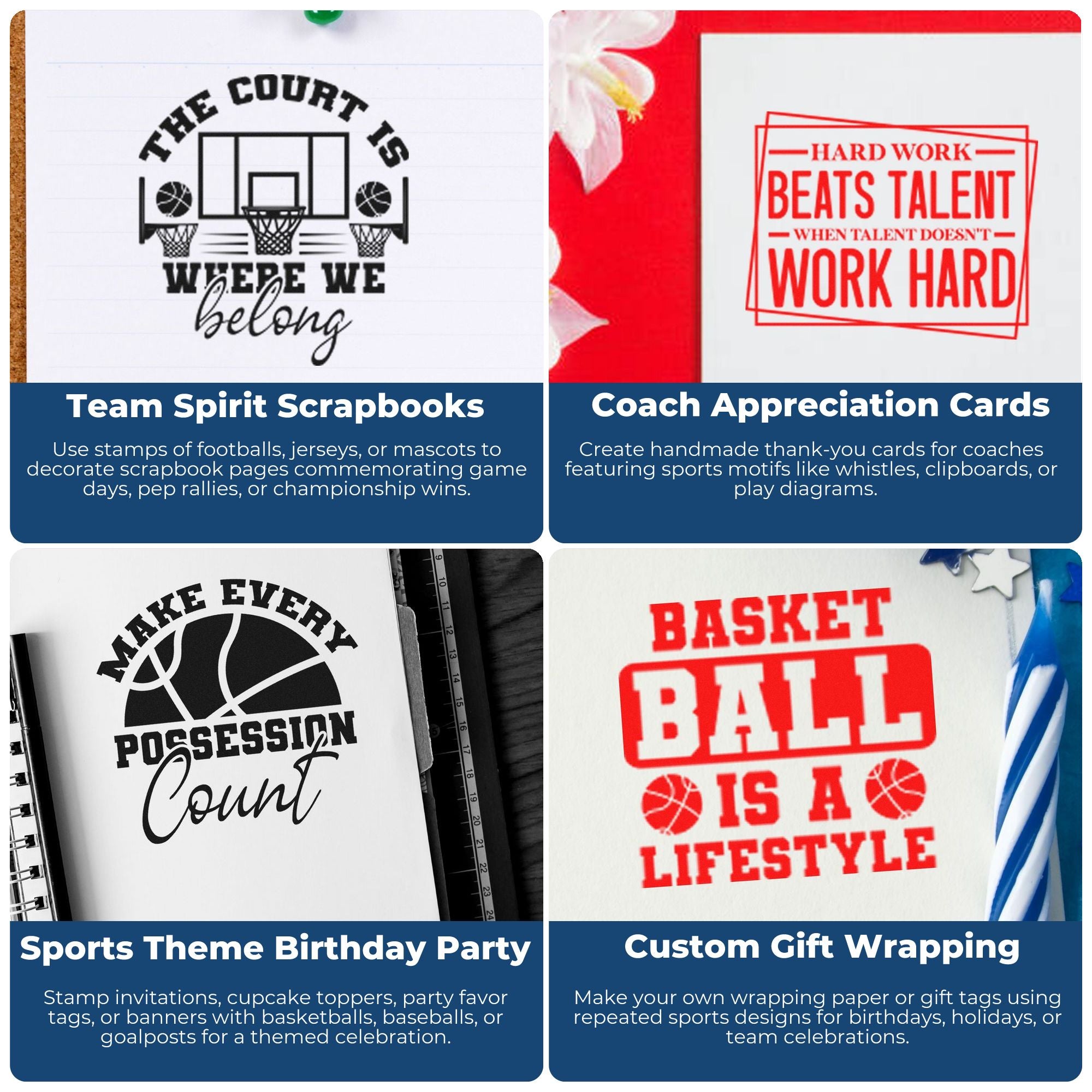 Sports rubber stamp collage for team spirit scrapbooks, coach thank-you cards, birthday parties, and custom gift wrapping.