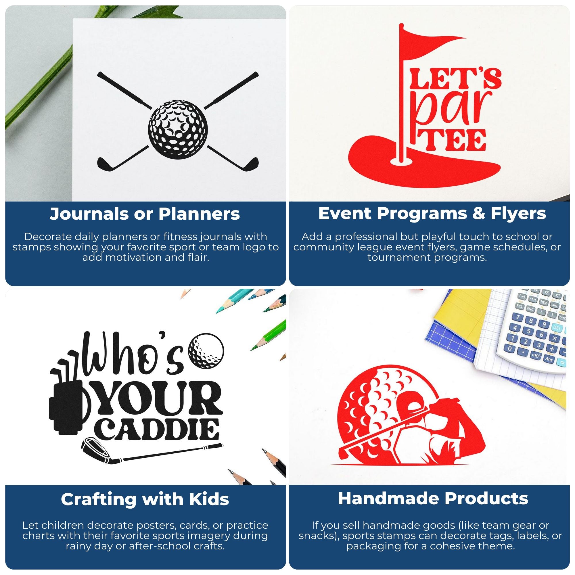 Sports and golf-themed rubber stamps for planners, event flyers, kids crafts, and handmade product packaging.