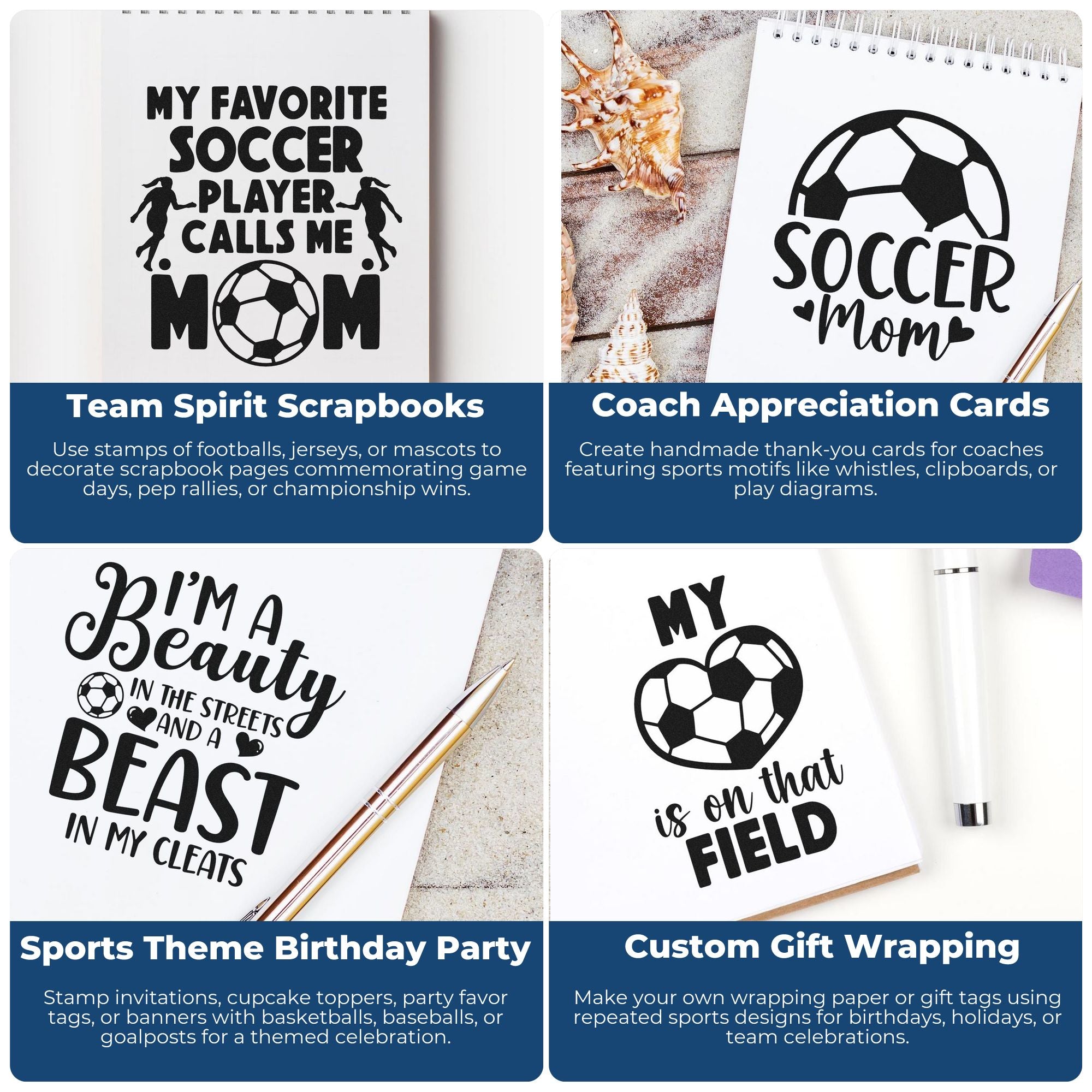 Soccer-themed rubber stamp designs for scrapbook pages, coach thank-you cards, birthday parties, and custom gift wrapping.