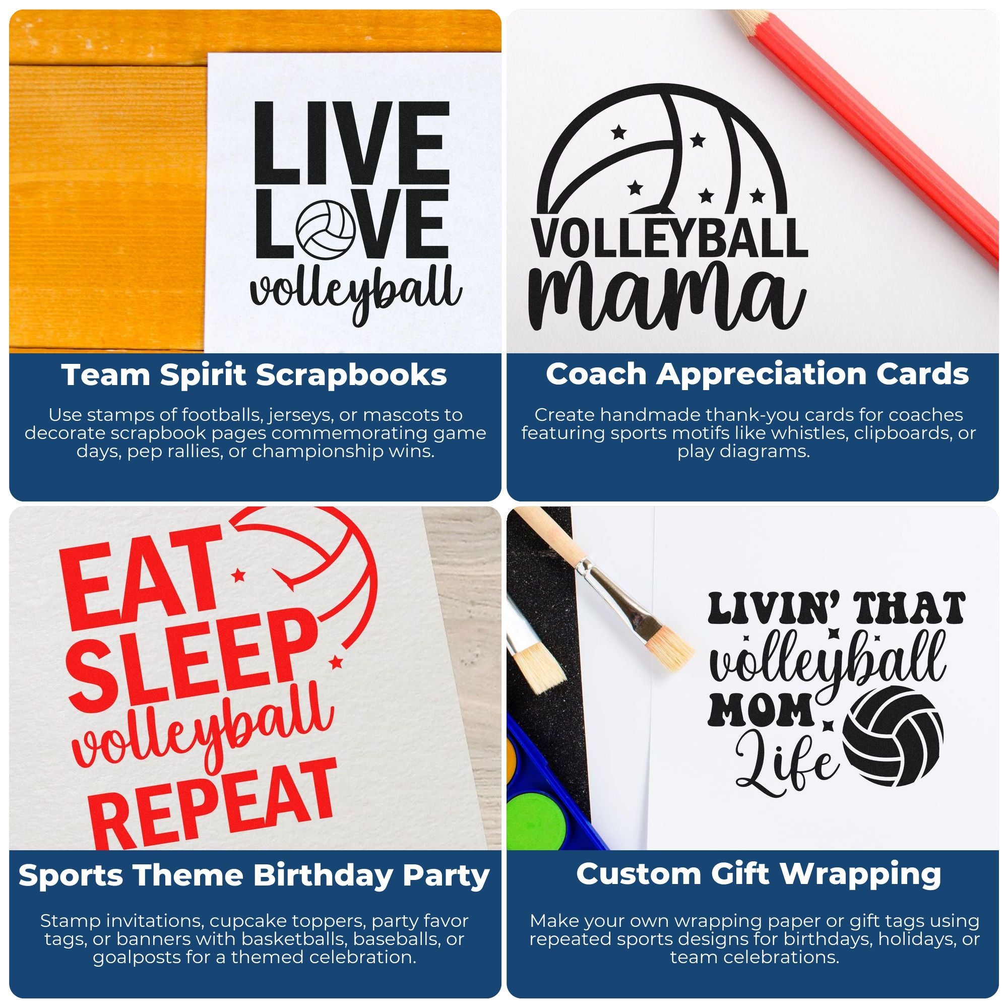 Volleyball rubber stamps collage for scrapbooks, coach appreciation cards, sports birthday parties, and custom gift wrapping.