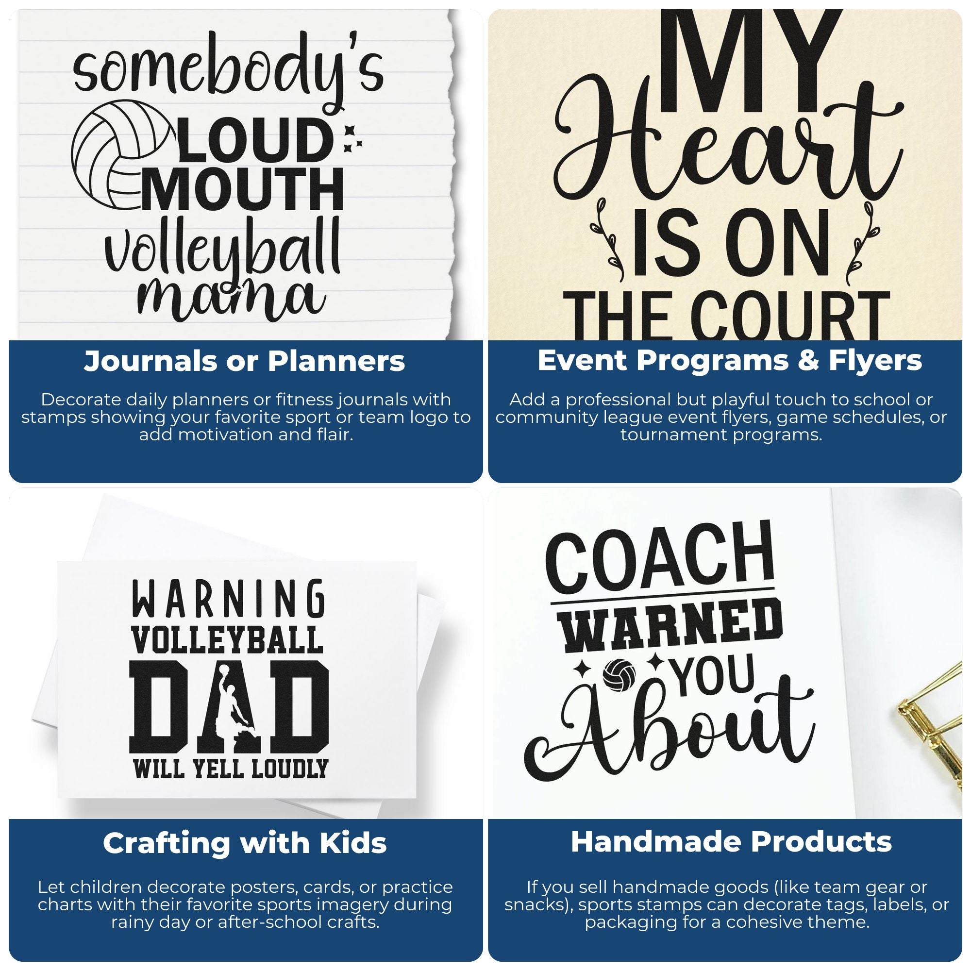 Volleyball-themed rubber stamps for planners, event flyers, kids crafts, and handmade product packaging.