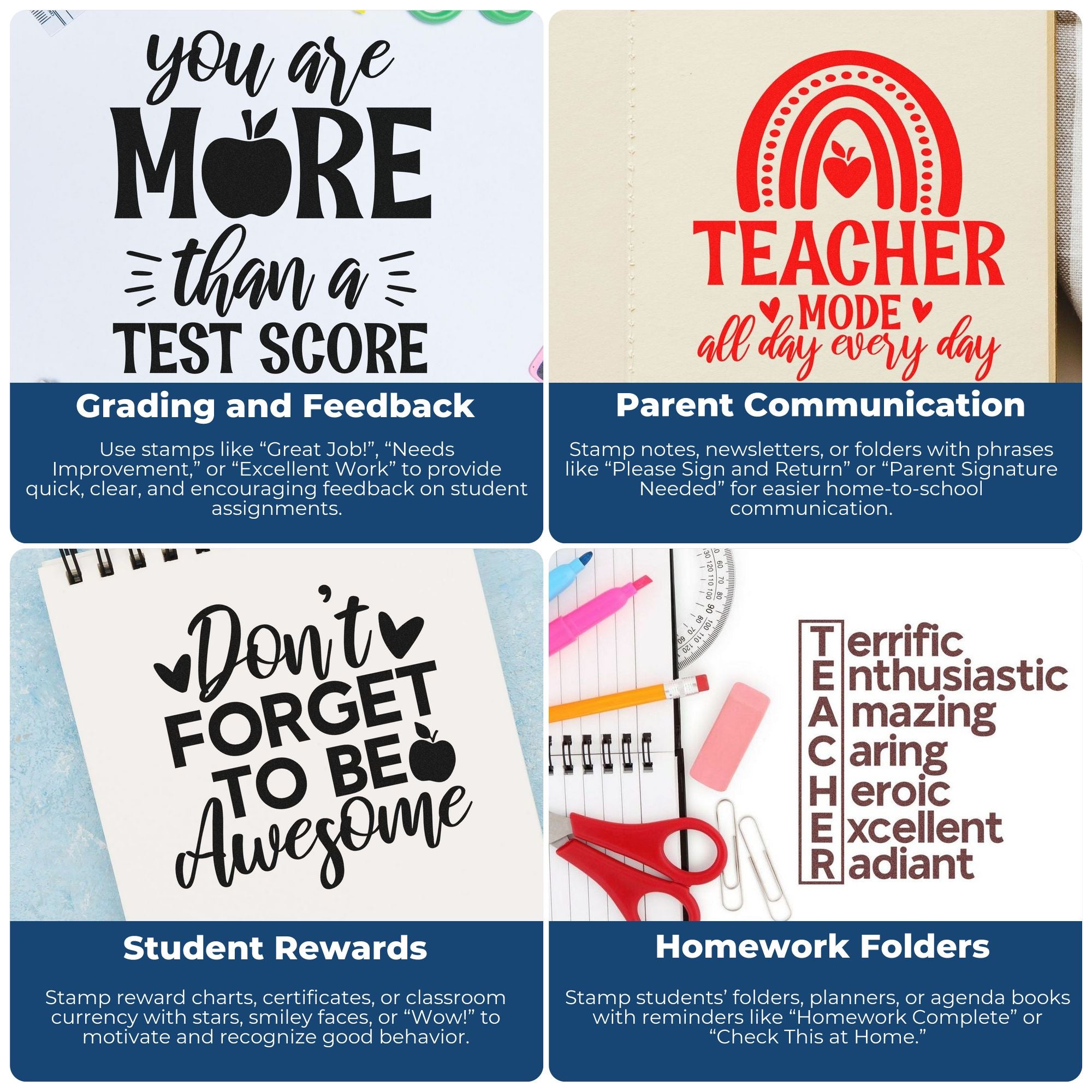 Teacher rubber stamps for grading, parent communication, student rewards, and homework folders to streamline classroom feedback.