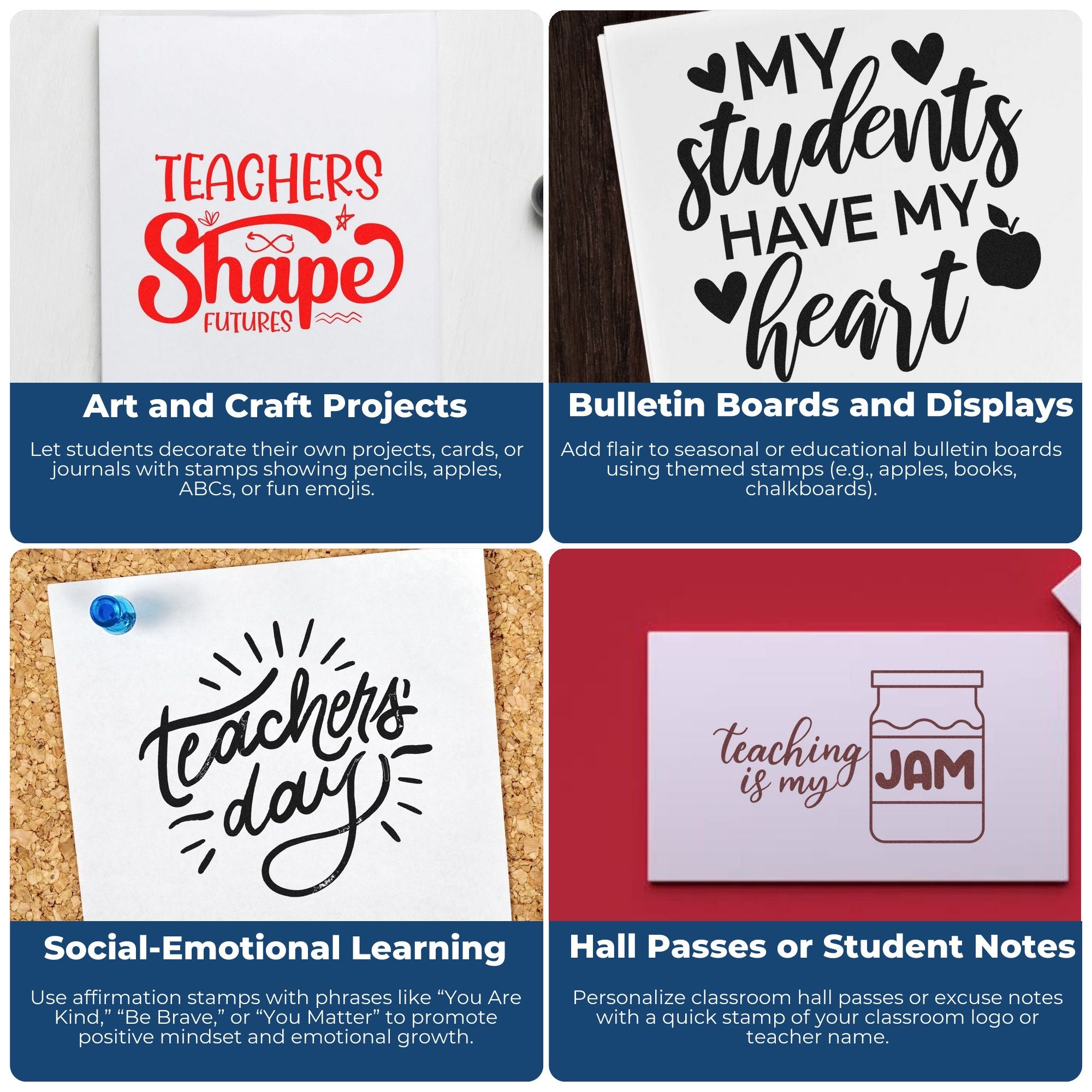 Teacher rubber stamp examples for classroom crafts, bulletin boards, SEL prompts, and hall passes with custom school-themed designs.