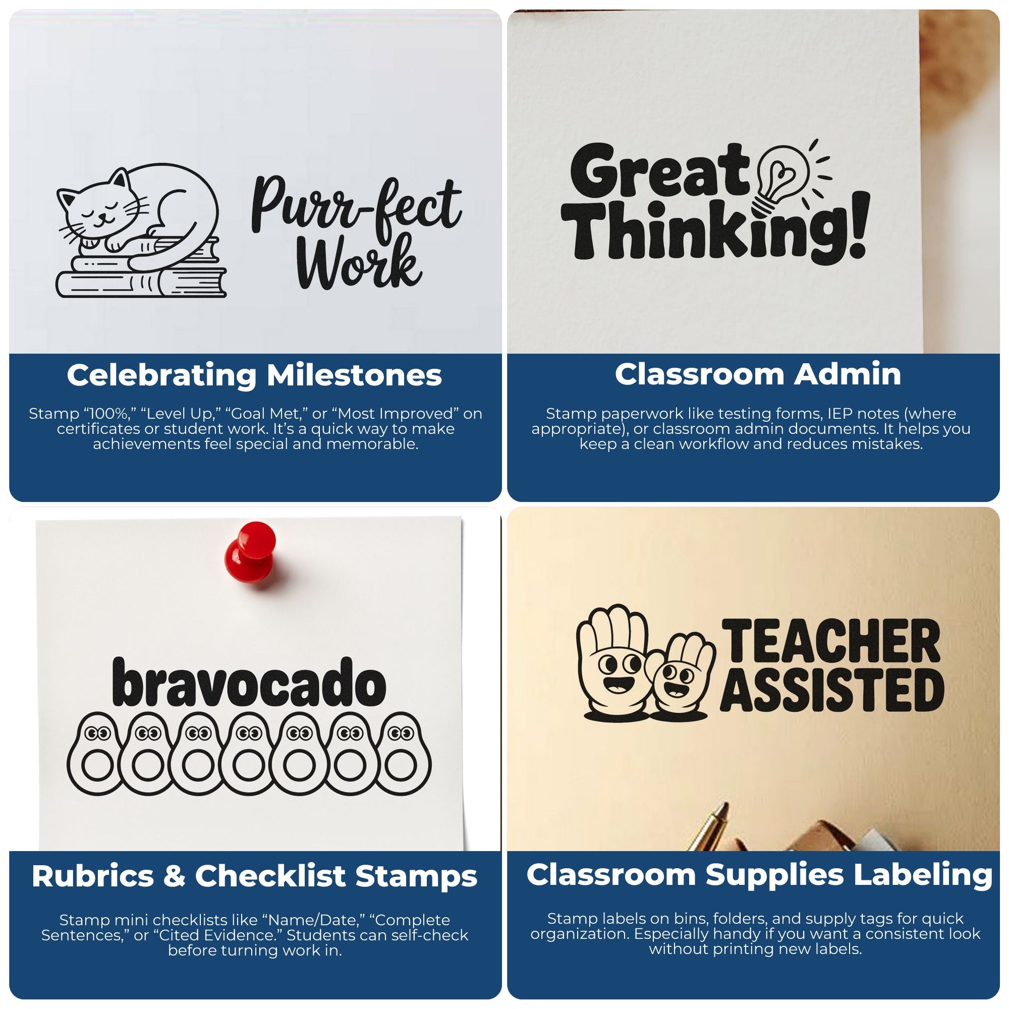 Teacher rubber stamps for classroom admin, milestone rewards, rubrics, and supply labeling to organize student work.