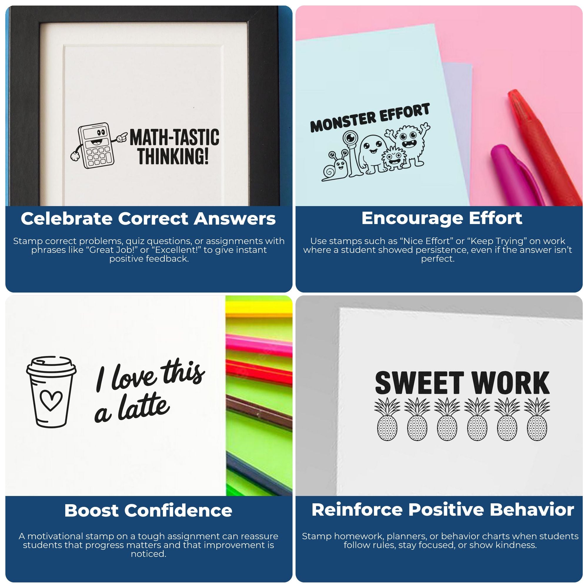 Educational rubber stamp collage for teachers, featuring math, effort, confidence, and positive behavior stamps for student feedback.