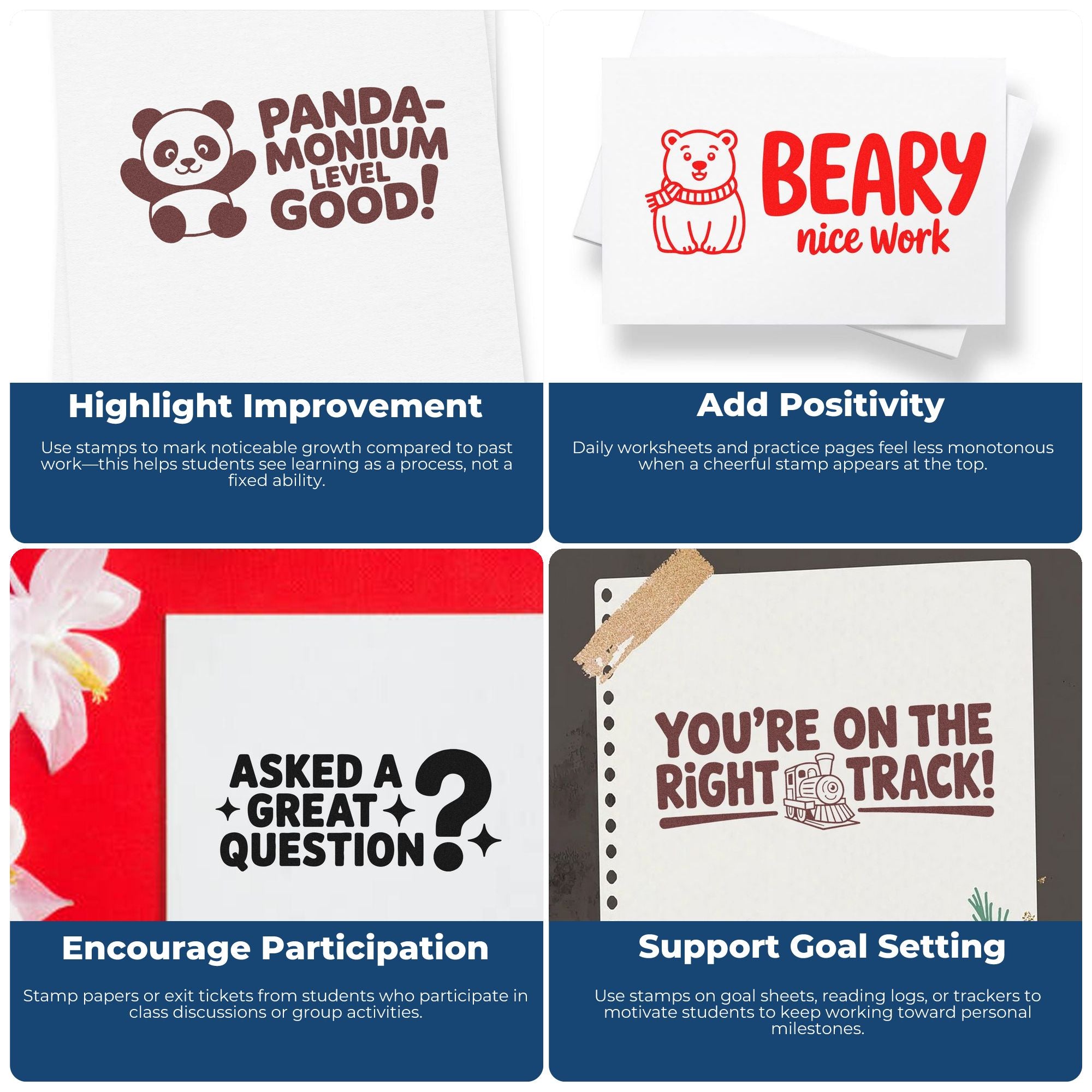 Collage of classroom rubber stamps for teachers to praise progress, add positivity, encourage participation, and support goal setting.