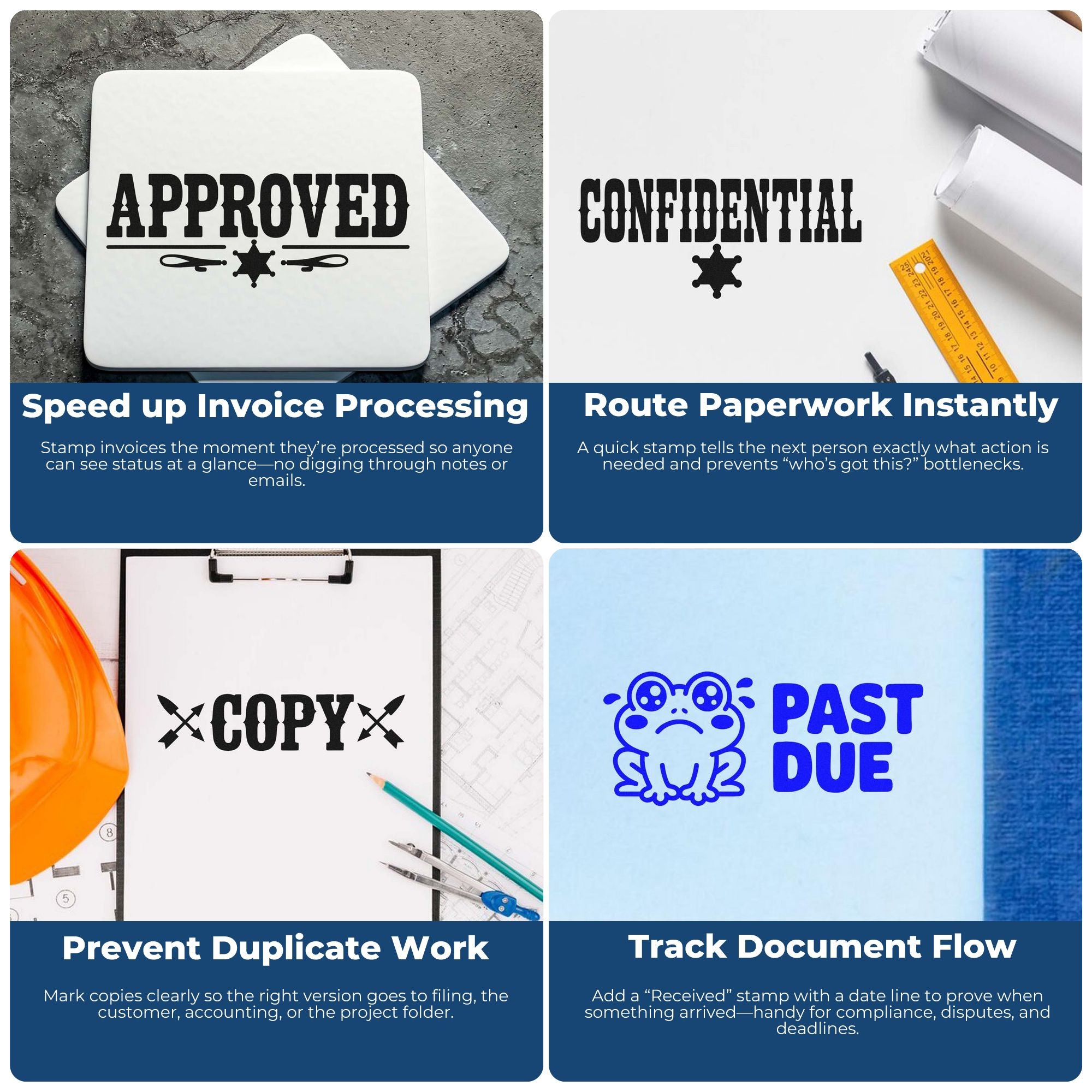 Business rubber stamp examples showing Approved, Confidential, Copy, and Past Due stamps for invoice and document workflow.