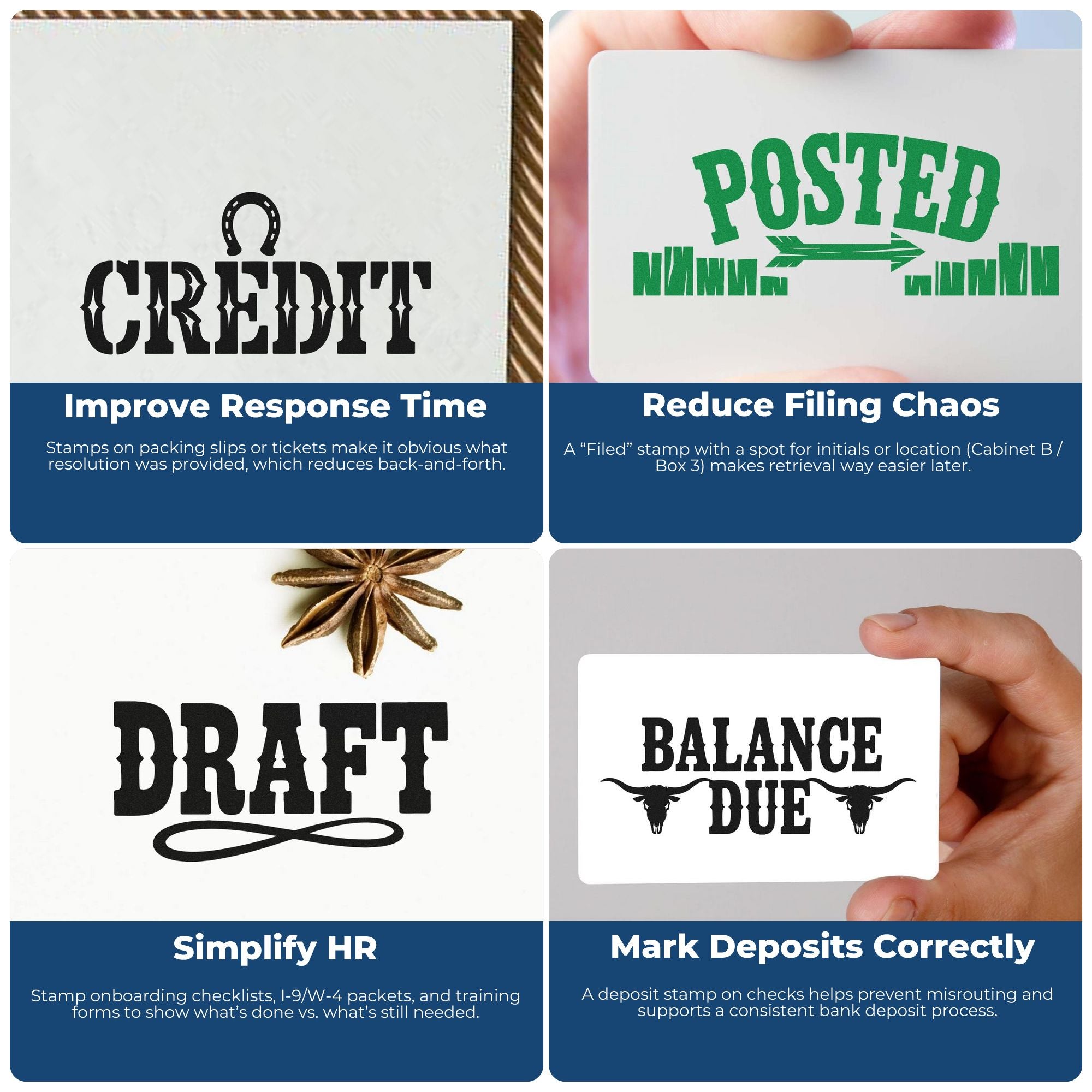 Rubber stamp business workflow examples: credit, posted, draft, and balance due stamps for office filing, HR, and accounting.