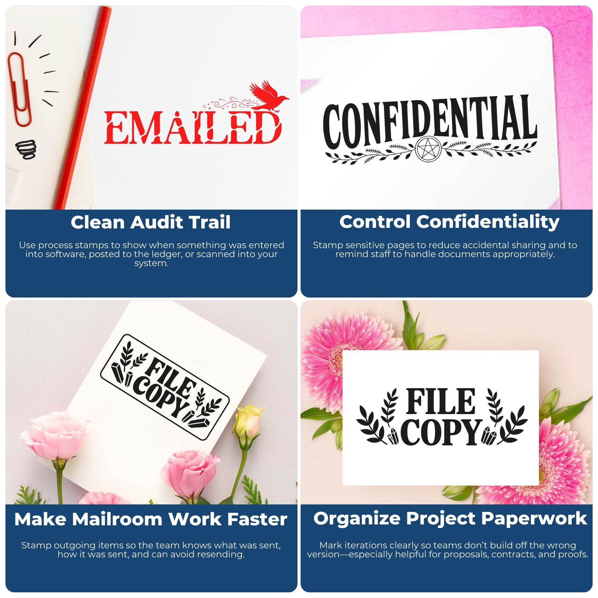 Collage of rubber office stamps for document control, showing Emailed, Confidential, File Copy, and project paperwork labels.