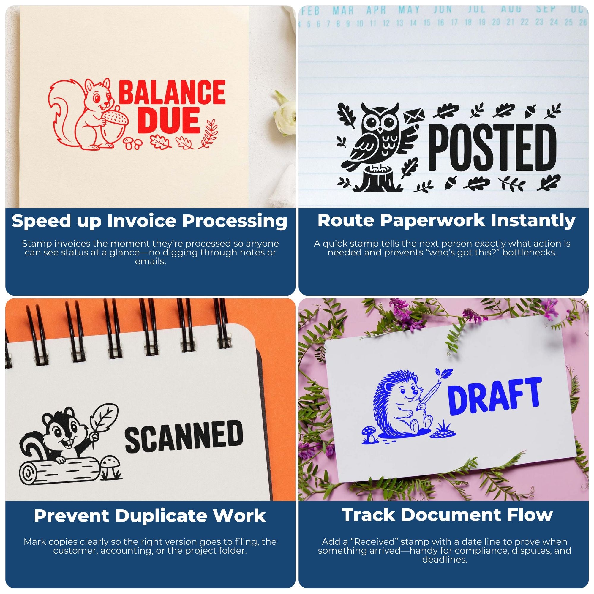 Balance Due squirrel rubber stamp for invoice processing and accounts payable.