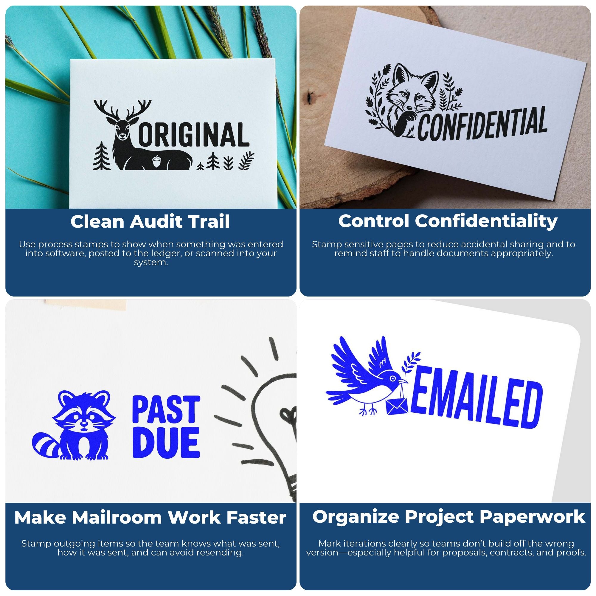 Four-panel collage of custom rubber stamps for office document control, including Original, Confidential, Past Due and Emailed stamps.