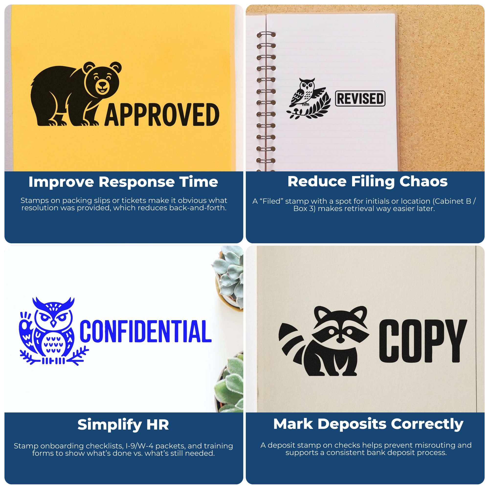 Business rubber stamp examples for approvals, revisions, confidential files, copies, HR forms, and bank deposits.