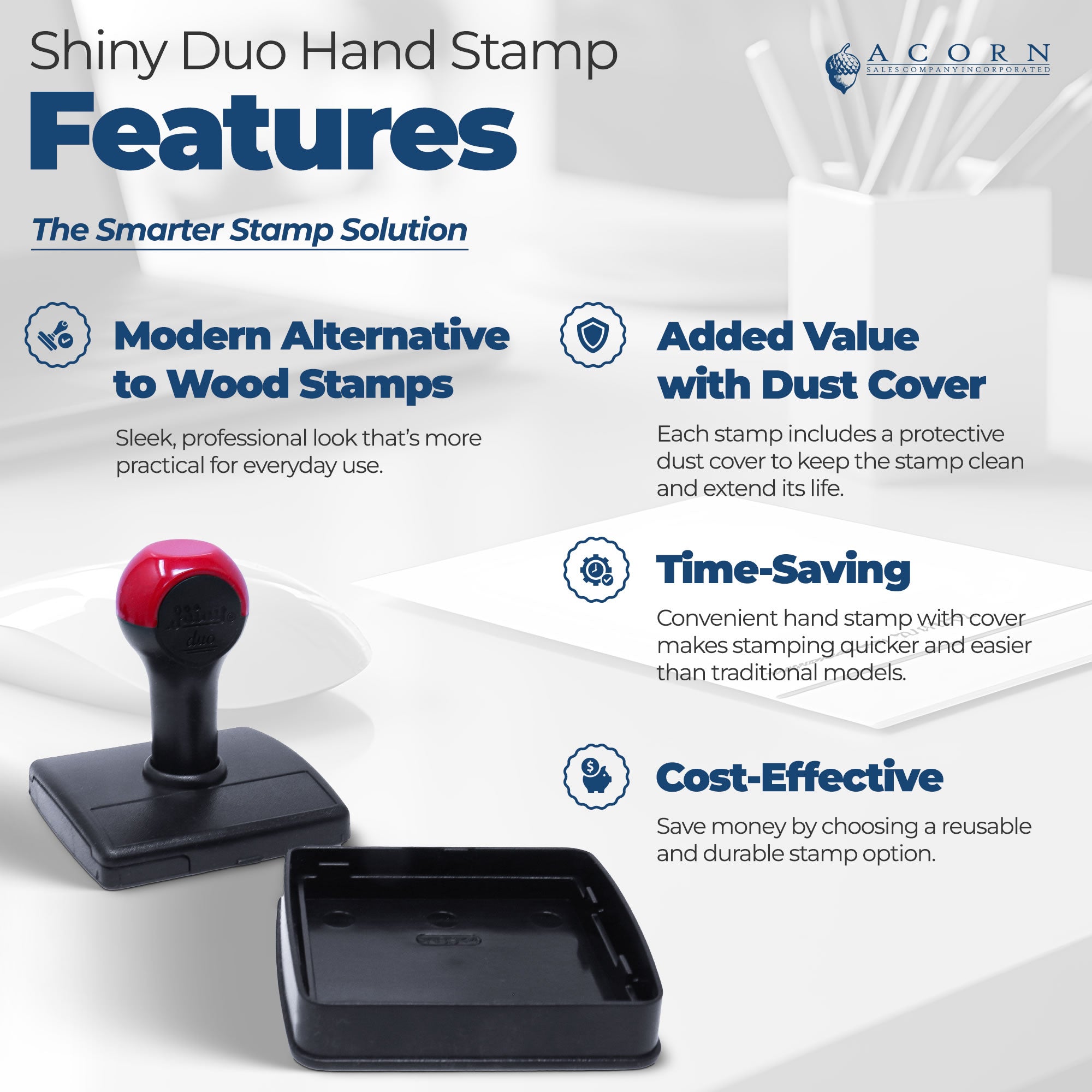Shiny Duo hand rubber stamp features infographic with dust cover, modern alternative to wood stamps, time-saving and cost-effective.