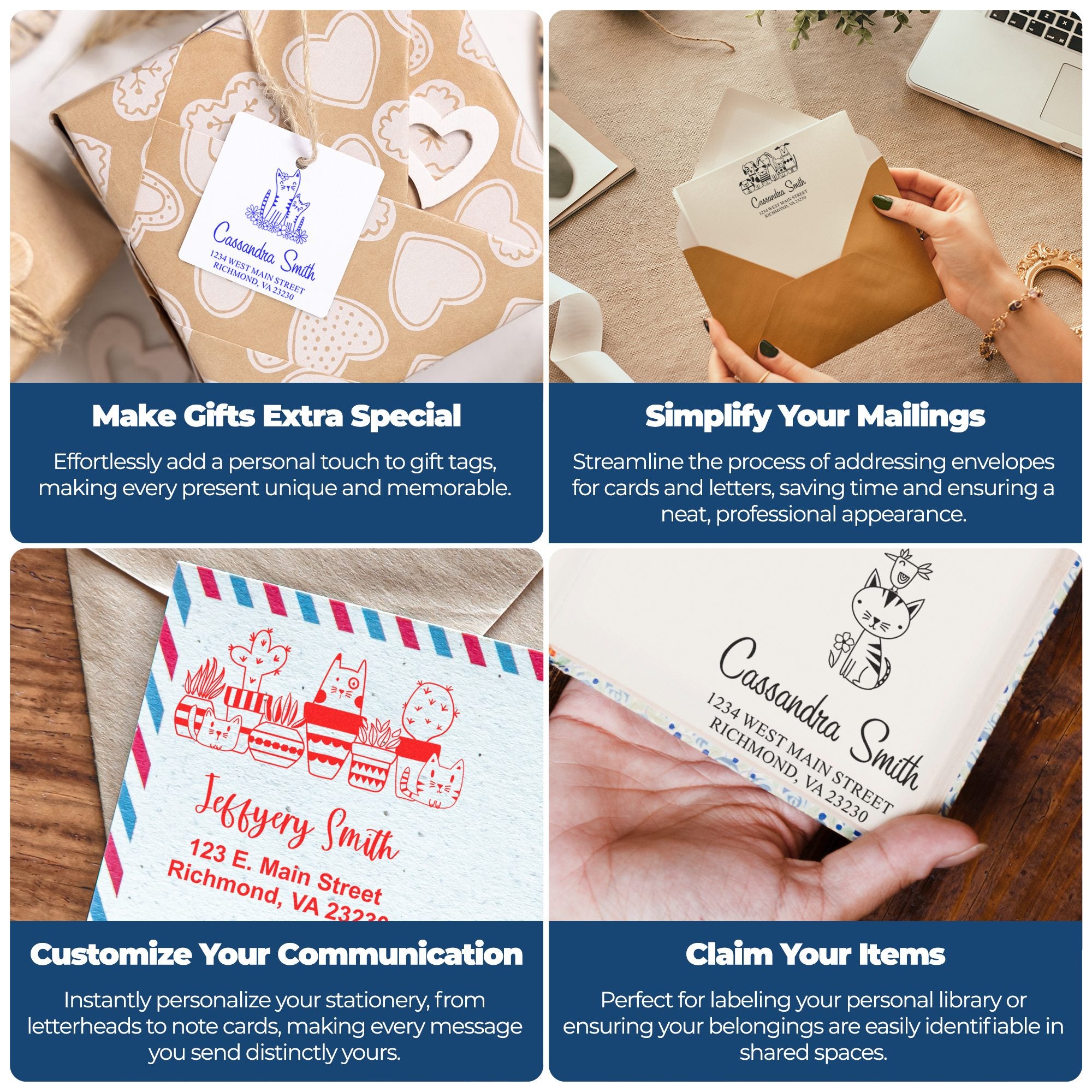 Custom rubber stamp examples for gift tags, envelopes and stationery, showing personalized designs for mailing and labeling.