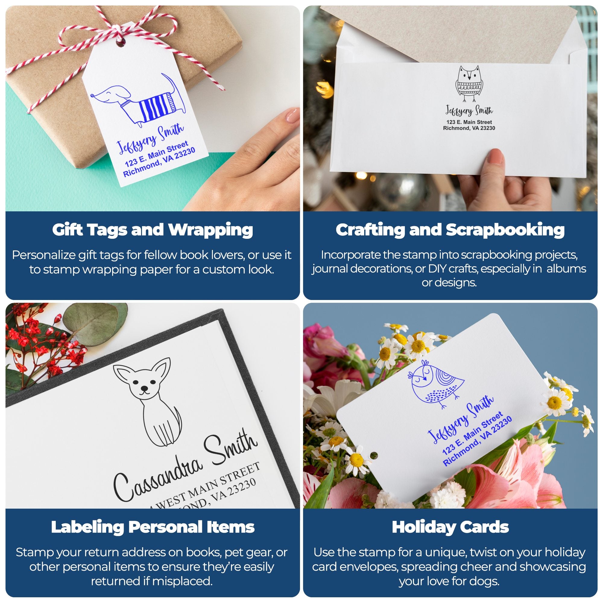 Custom rubber stamp on gift tag and wrapped package for personalized gift wrapping.