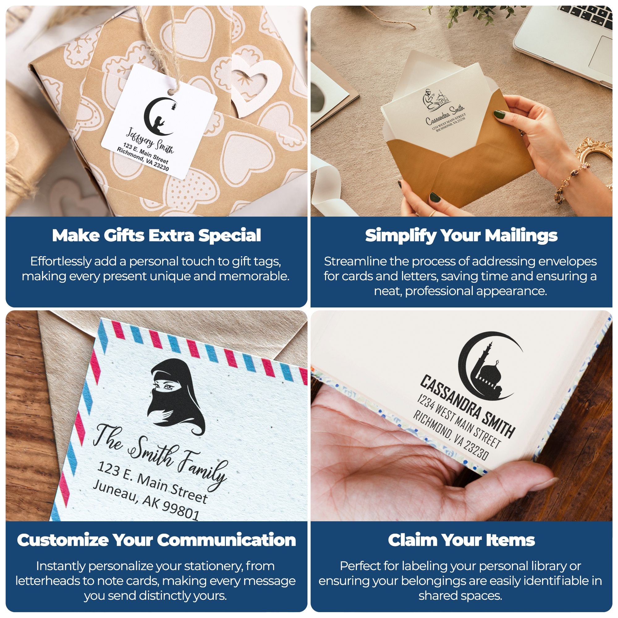Custom rubber stamp examples on gift tags, envelopes and stationery for personalized packaging, mailing, and labeling.
