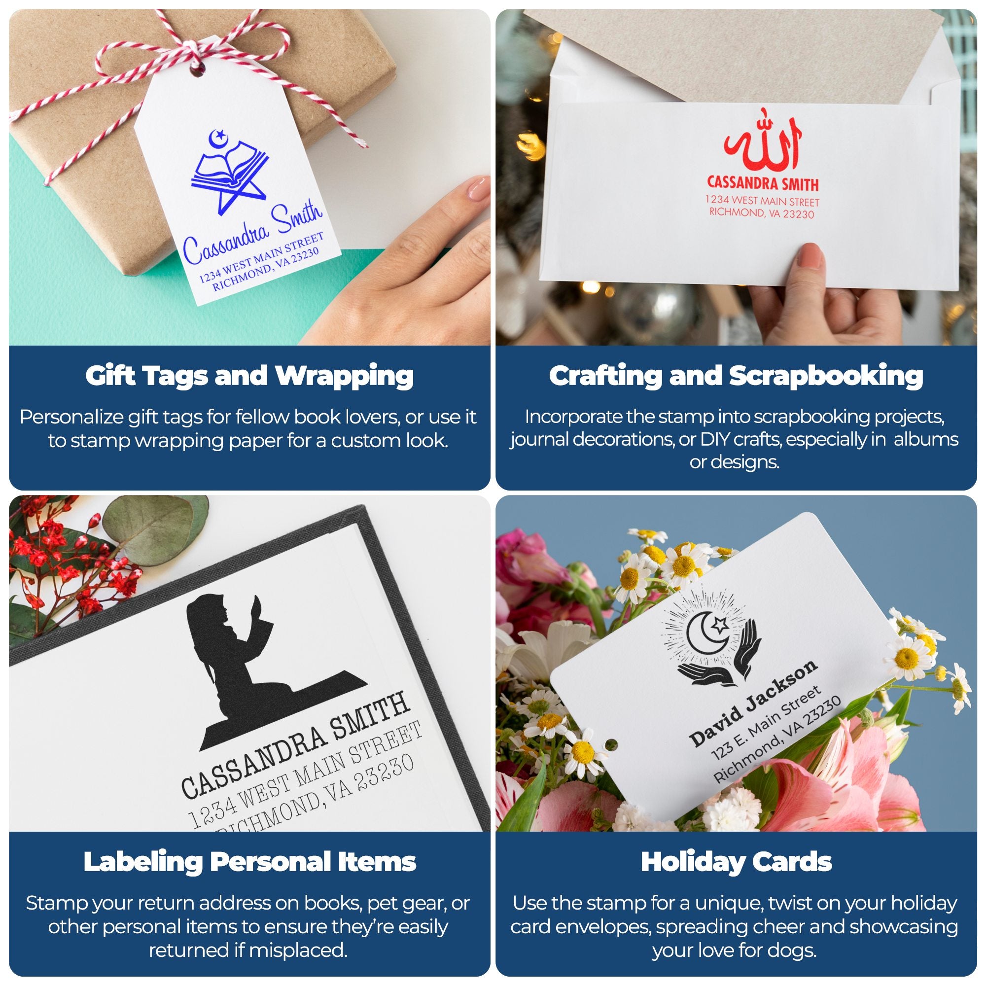 Personalized rubber stamp ideas for gift tags, scrapbooking, labeling items, and holiday cards with custom name and address designs.