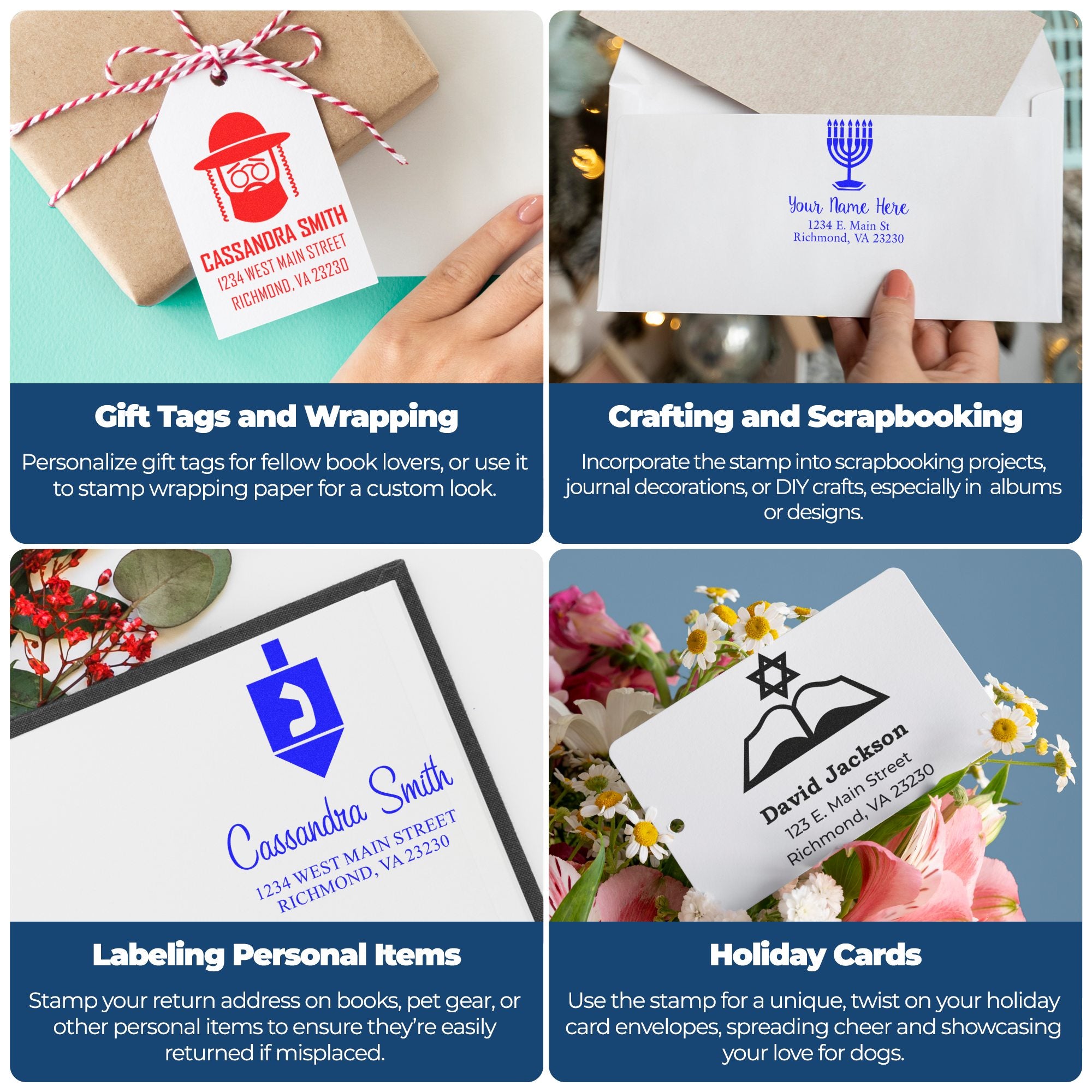 Custom personalized rubber stamps used for gift tags, scrapbooking, personal item labels, and holiday card envelopes.