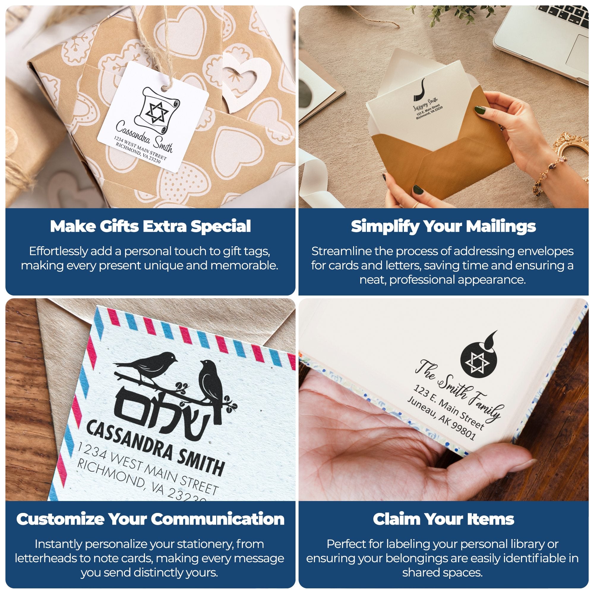 Custom rubber stamps on gift tags, envelopes, and stationery for personalized mailing, branding, and labeling.