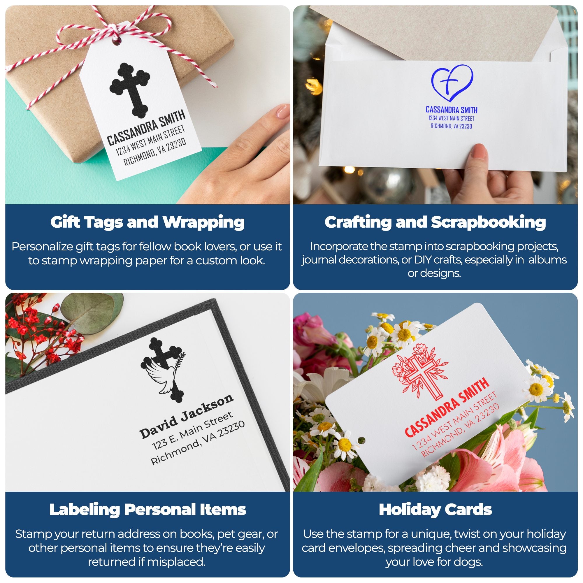 Custom rubber stamp collage showing gift tags, scrapbooking, labels and holiday cards with personalized return address designs.