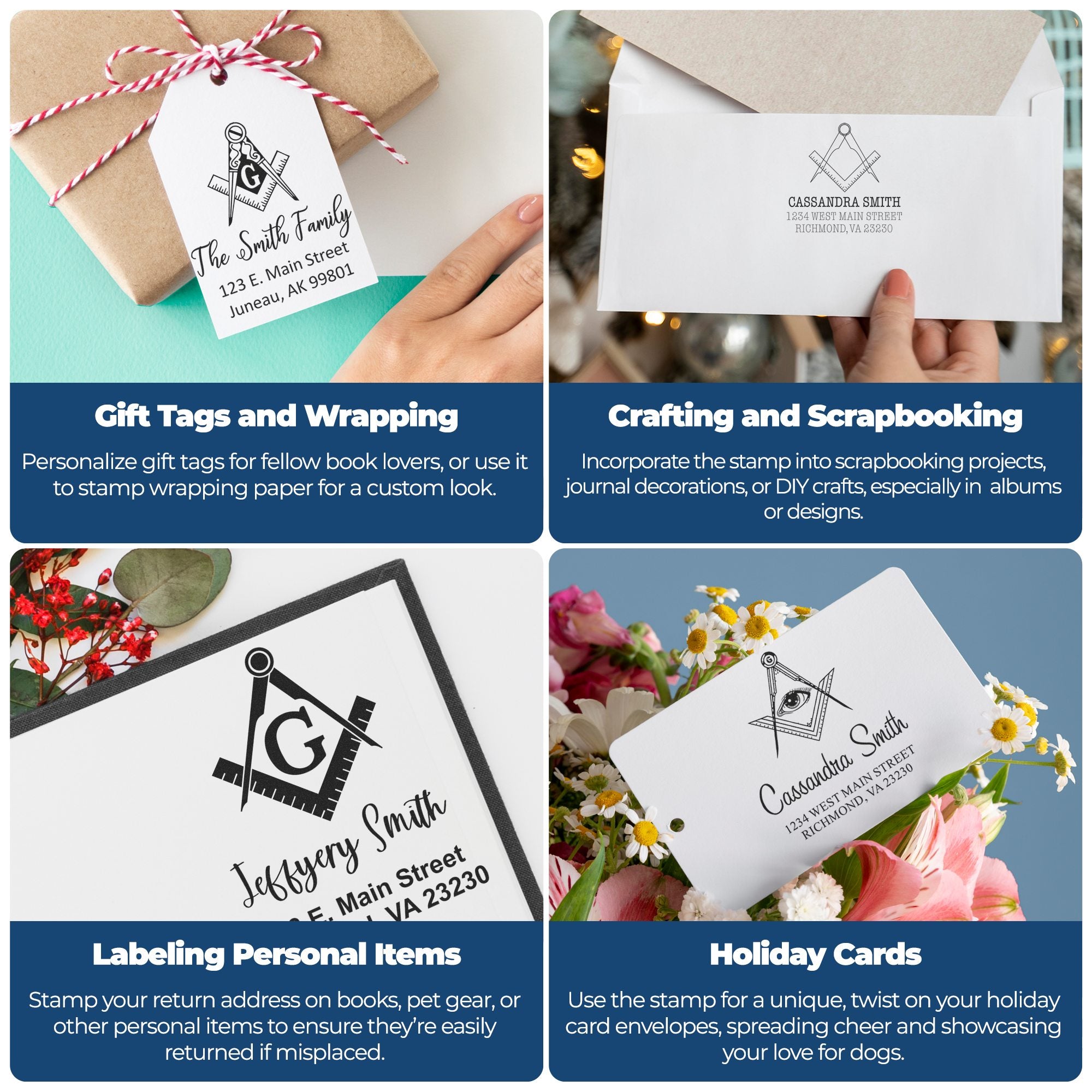Custom return address rubber stamp for gift tags, wrapping paper, scrapbooking, personal item labels, and holiday card envelopes.
