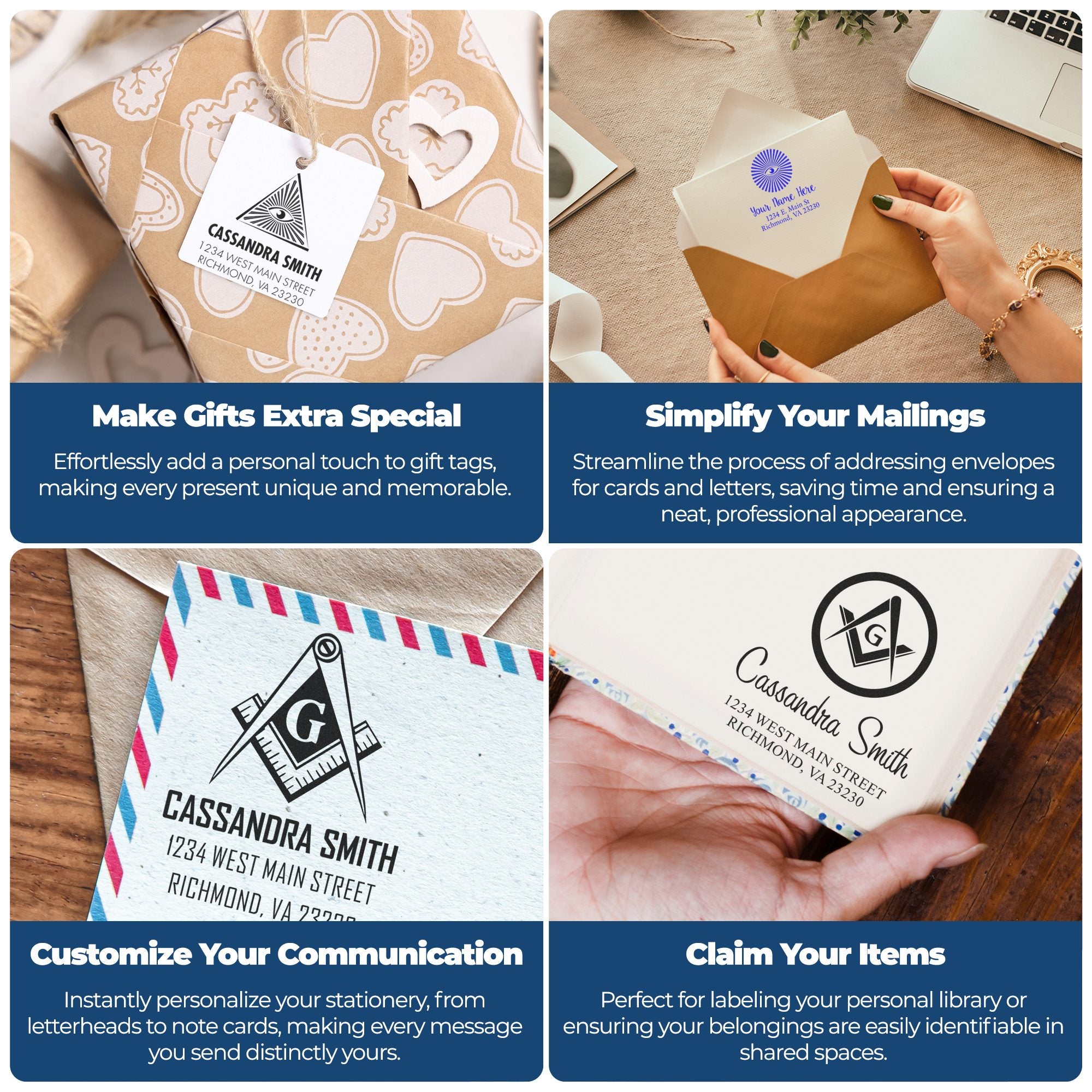 Custom rubber stamps for gift tags, address envelopes, stationery, and labels to personalize mail, gifts, and belongings.