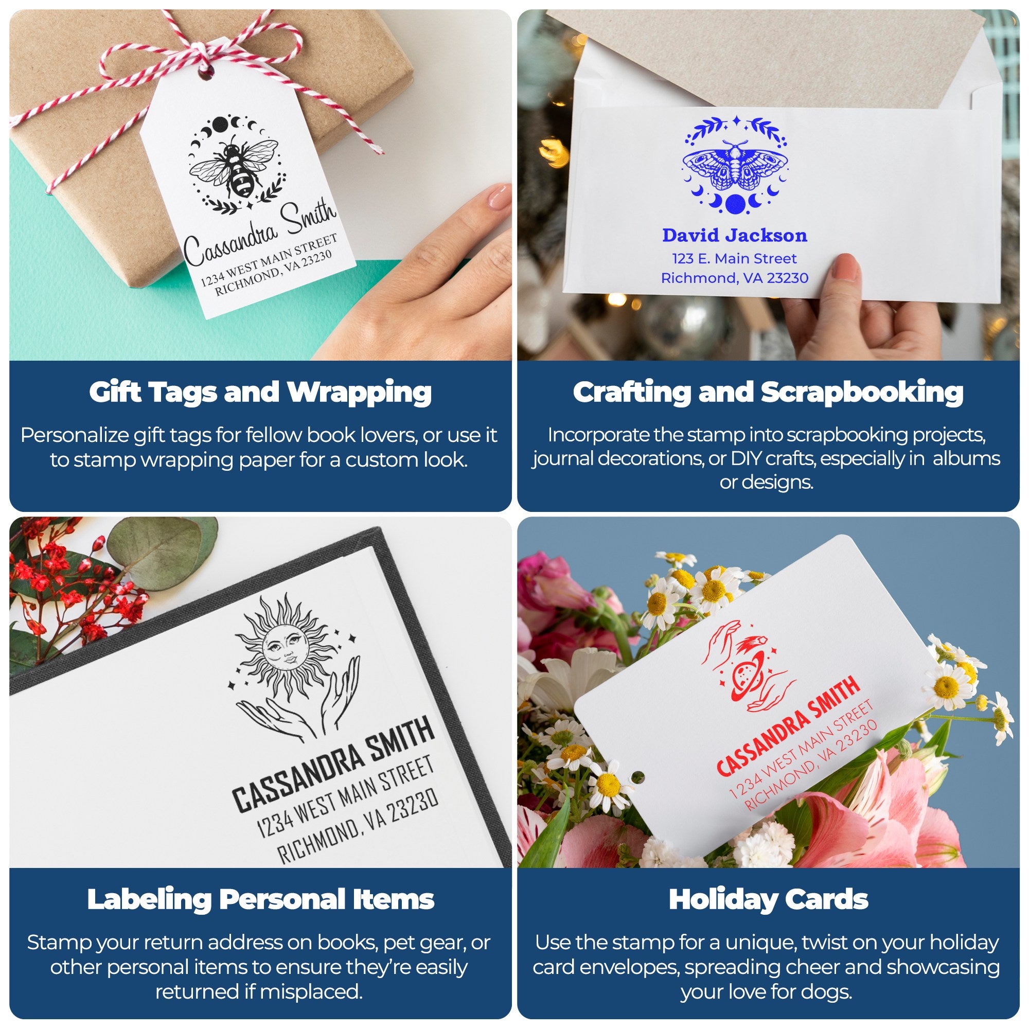 Custom rubber stamps for gift tags, envelopes, crafts, labels, and holiday cards.