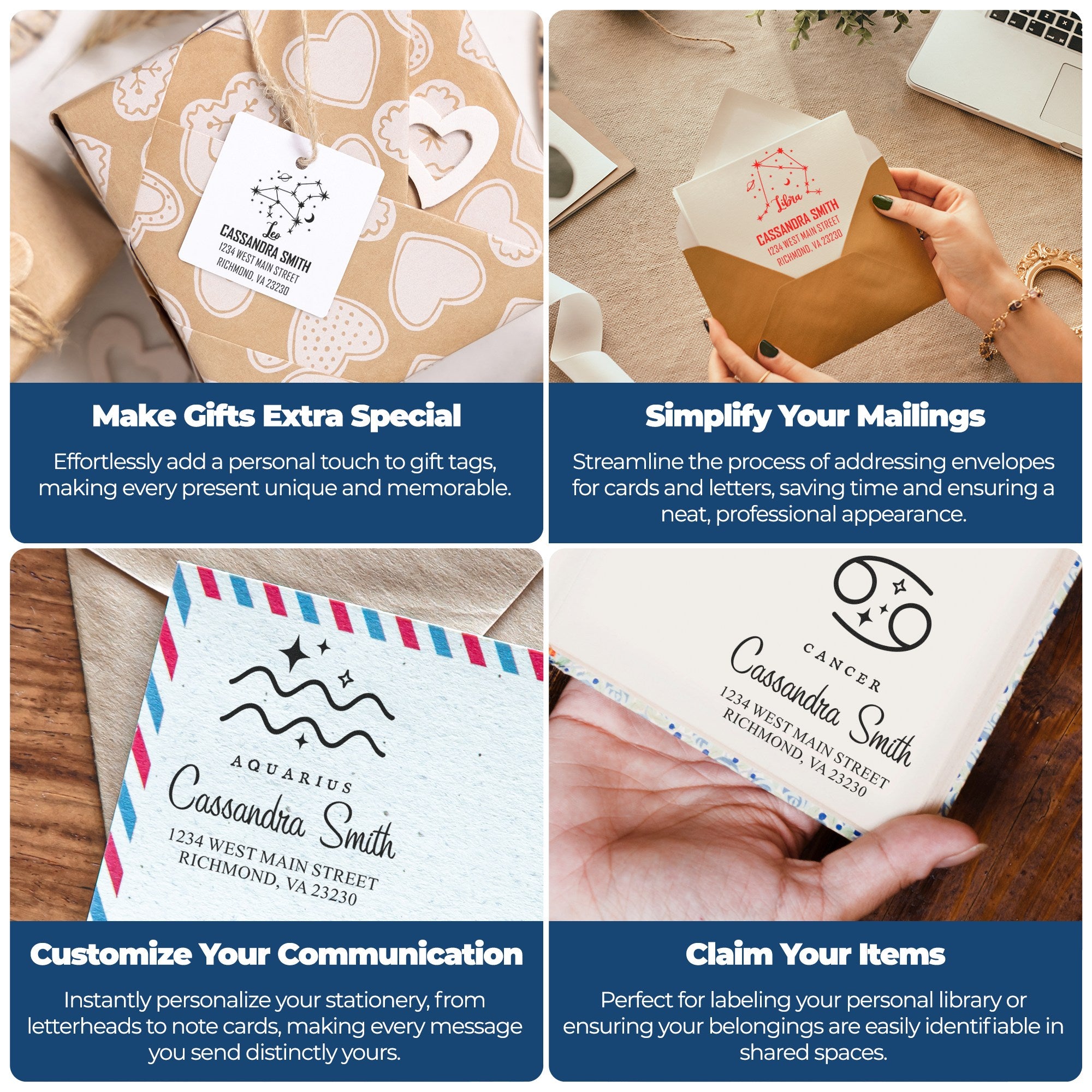 Custom rubber stamps for gift tags, envelopes, stationery, and personal item labeling with personalized name and address designs.