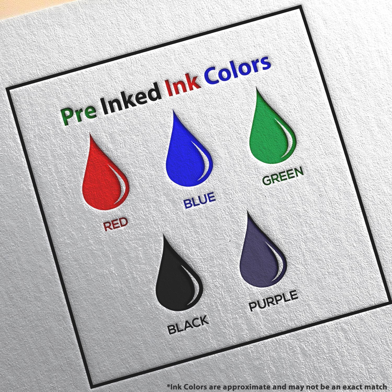 Pre-inked rubber stamp ink colors chart showing red, blue, green, black, and purple options.