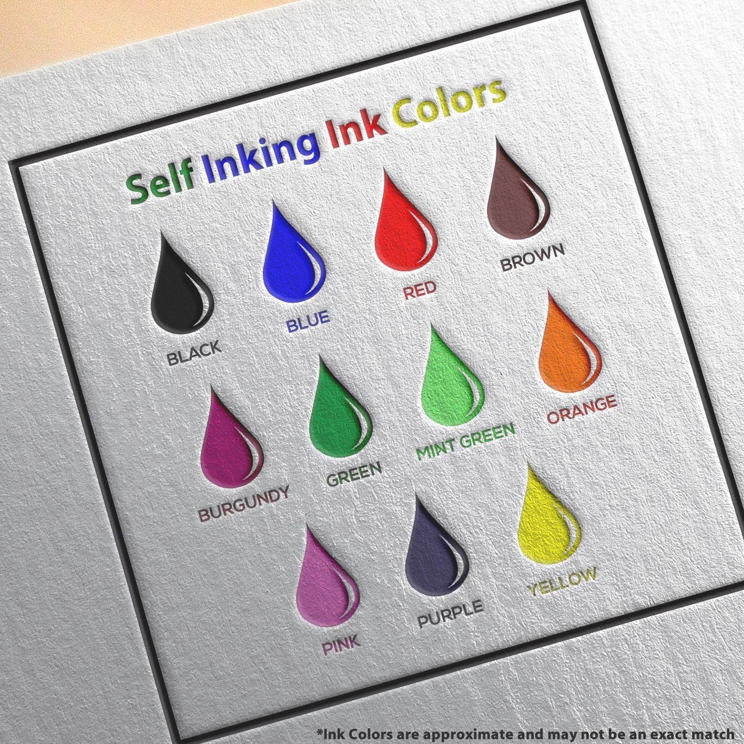 Self-inking rubber stamp ink color chart showing black, blue, red, brown, green, mint, orange, burgundy, pink, purple, and yellow.