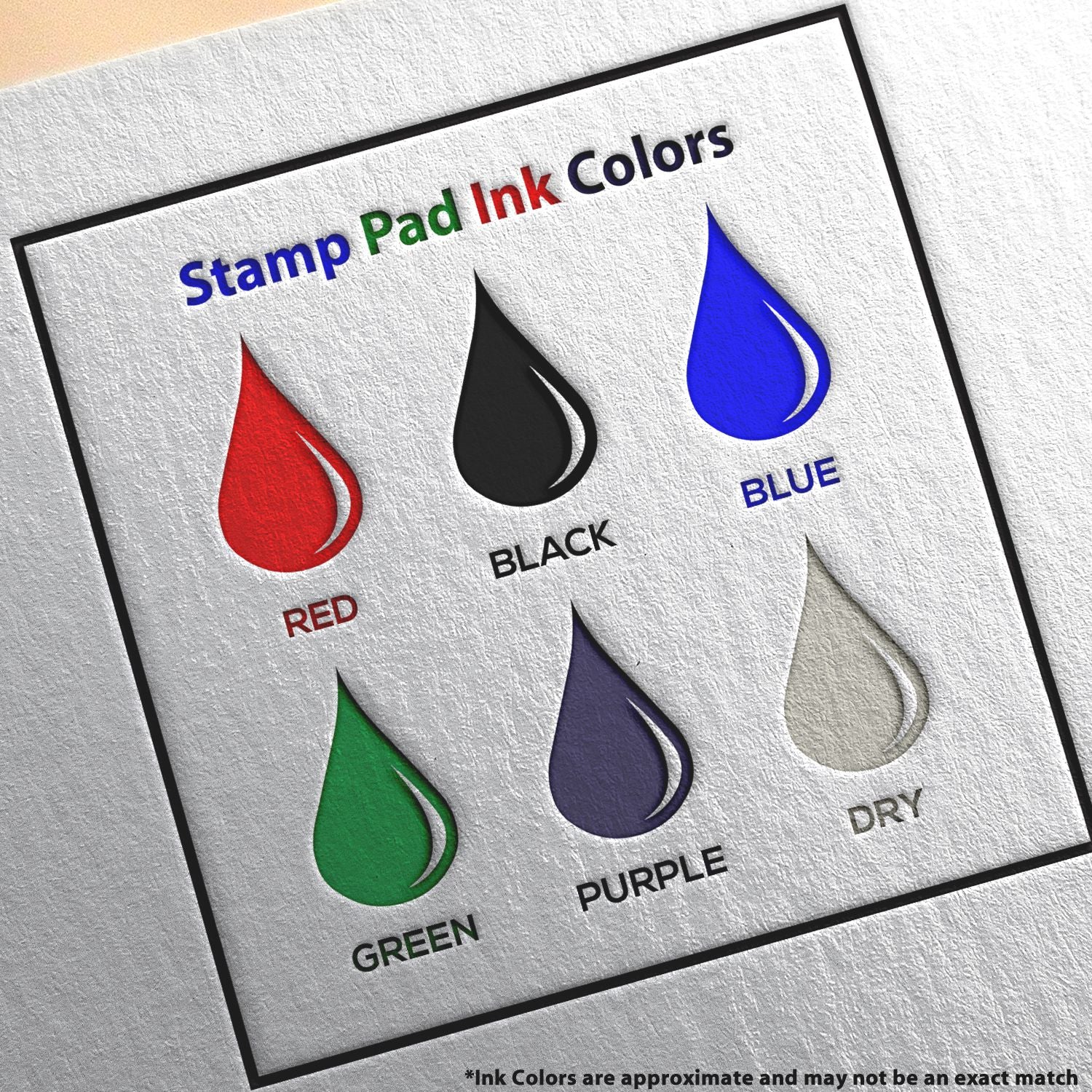 Rubber stamp ink color chart showing stamp pad options in red, black, blue, green, purple, and dry ink.