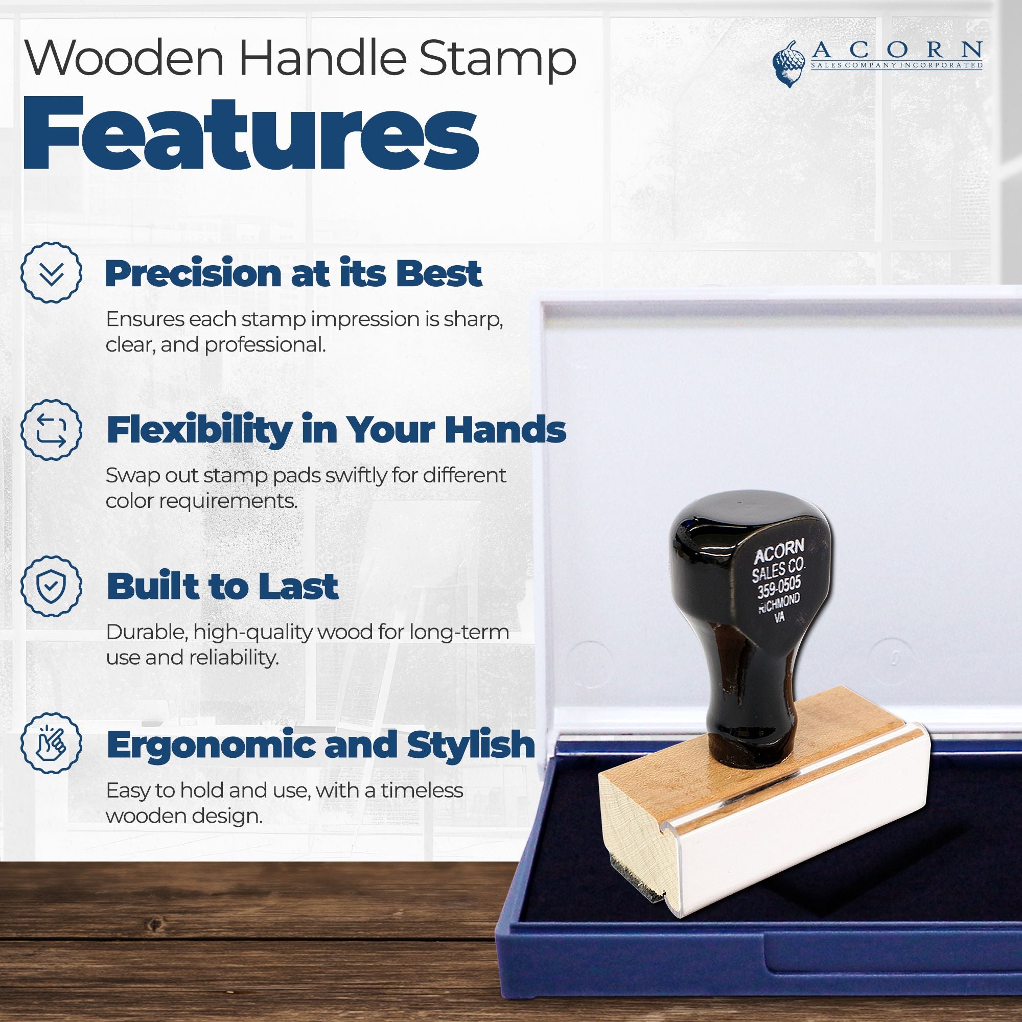 Wooden handle rubber stamp features infographic showing precision, flexibility, durability, and ergonomic design for professional stamping.